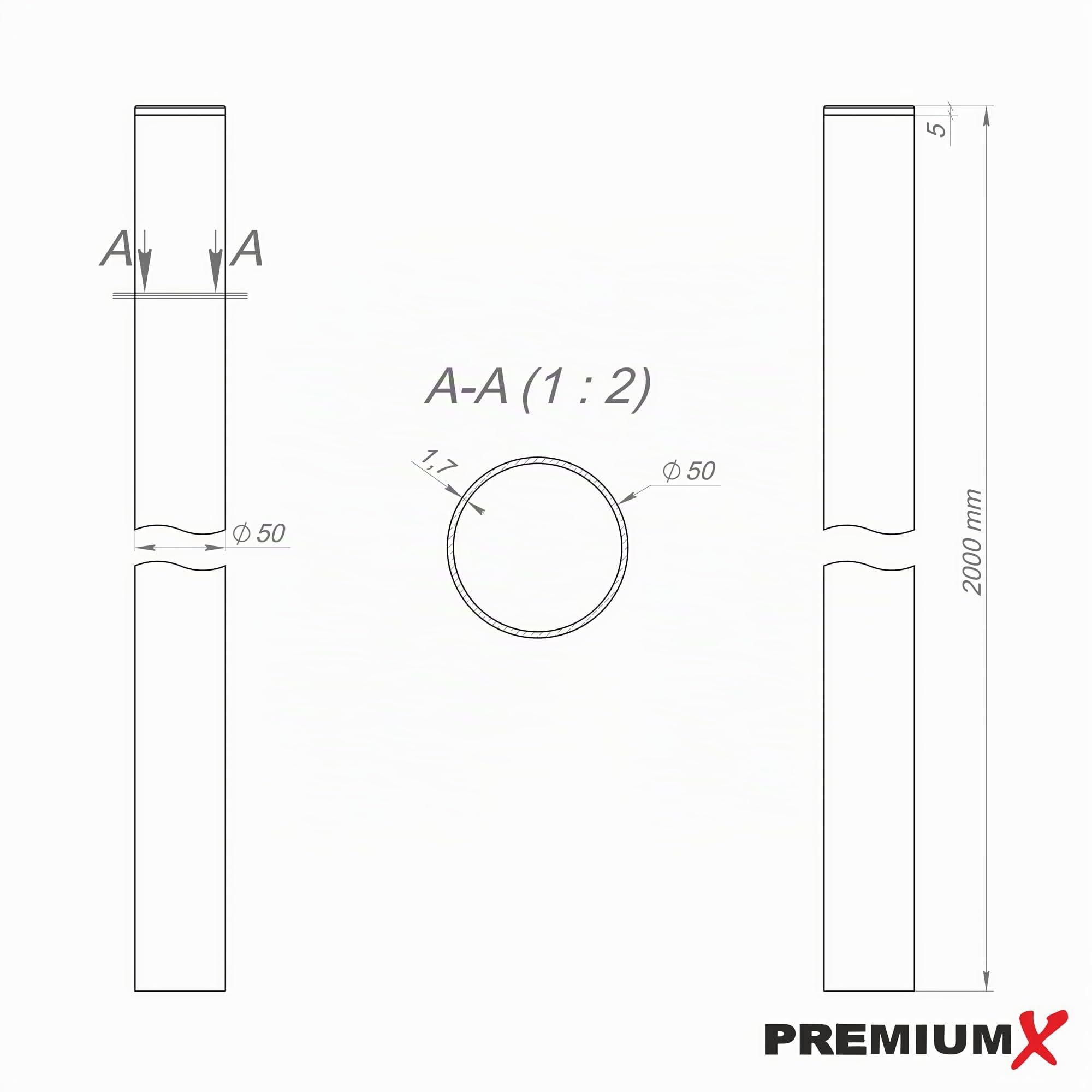 Premium X Antennenmast 2m Ø 50mm Aluminium SAT Mast Satellitenmast Mastrohr Stangenrohr Halterung für Satelliten-Schüssel