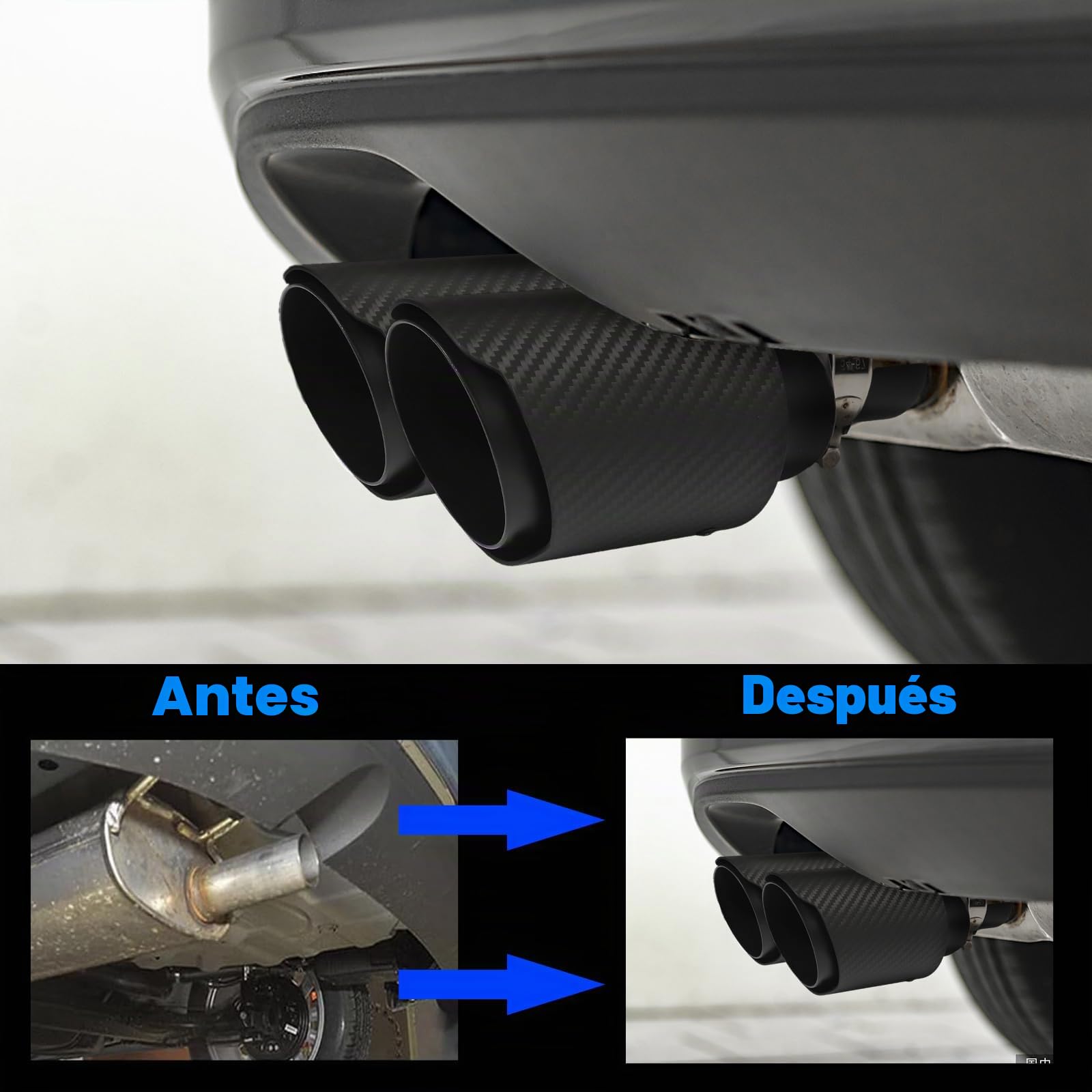 60MM (2.36") Escape Tubo de Acero Inoxidable Engrosado Silenciador Punta de Cola de Coche Extremo de Escape Salida de 3,5" Fibra de Carbono (Doble Salida- Mate Todo Negro, 60mm)