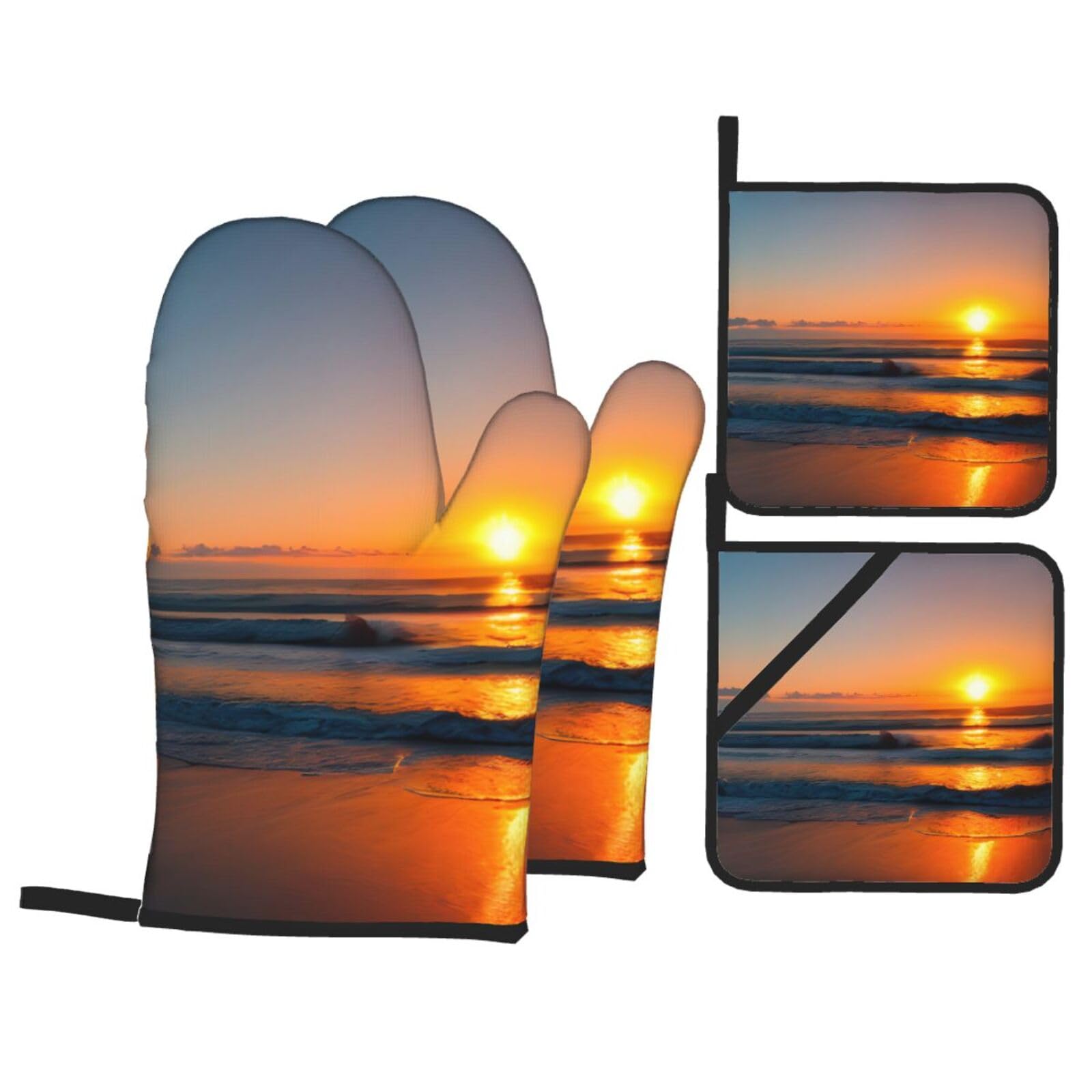 Nimongt Black Beautiful Sunrise Ocean Print Heat-Resistant 4-Piece Oven Kitchen Gloves For Baking Cooking Microwaving Essentials
