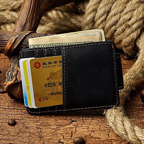 Image of Le'aokuu Genuine Leather Magnet Money Clip Credit Card Case Holder Slim Wallet