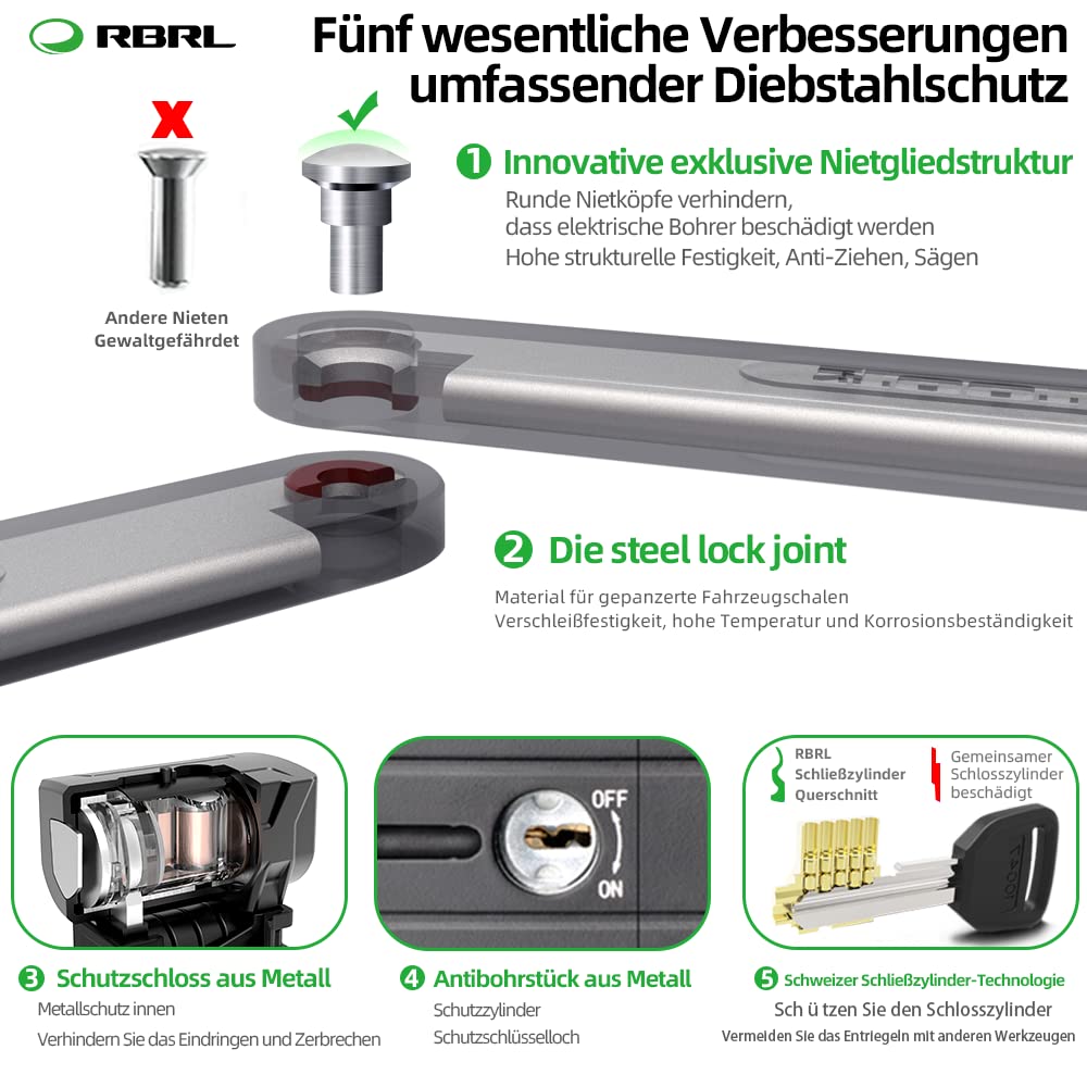 RBRL Antivol pliable pour vélo 75 cm de long avec support et 4 clés de sécurité, barres de 5 mm d'épaisseur