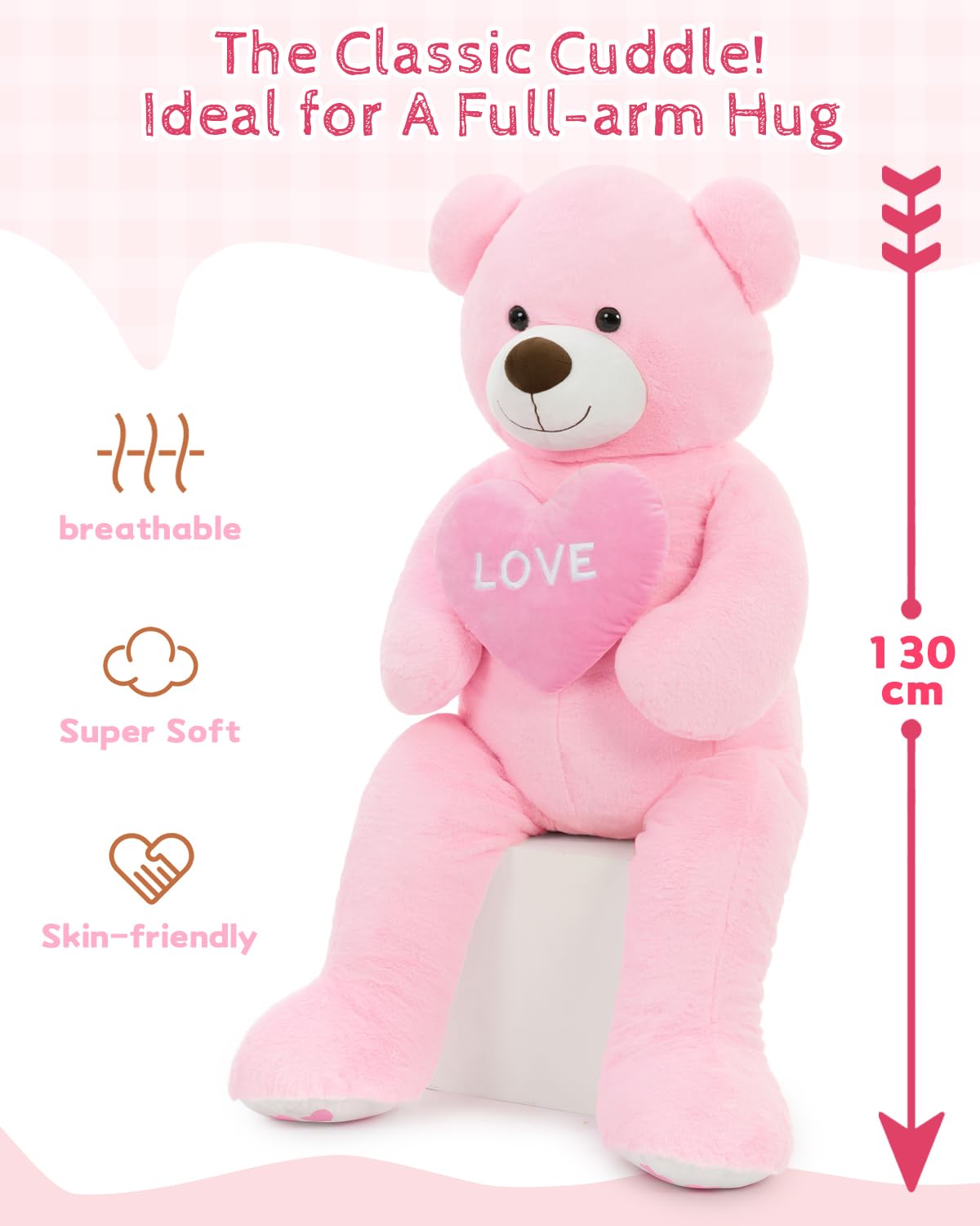 MorisMos 130cm Ours en Peluche Geant avec Cœure, XXL Rose Douce Nounours Géant Grosse Teddy Bear Jouet Mignonne Grand Cadeau pour Enfant Petite Amie Anniversaire Noël Décoration