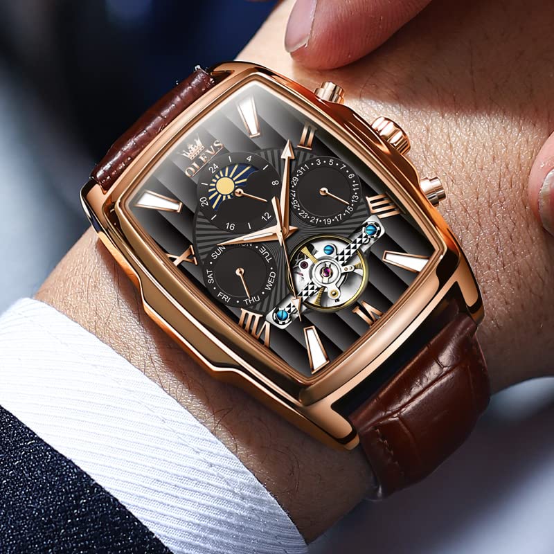 Image of OLEVS Mechanical Dress Mens Watches Square Brown Leather Strap Moon Phase Skeleton Tourbillion Day Date Waterproof Luminous Men's Wrist Watches