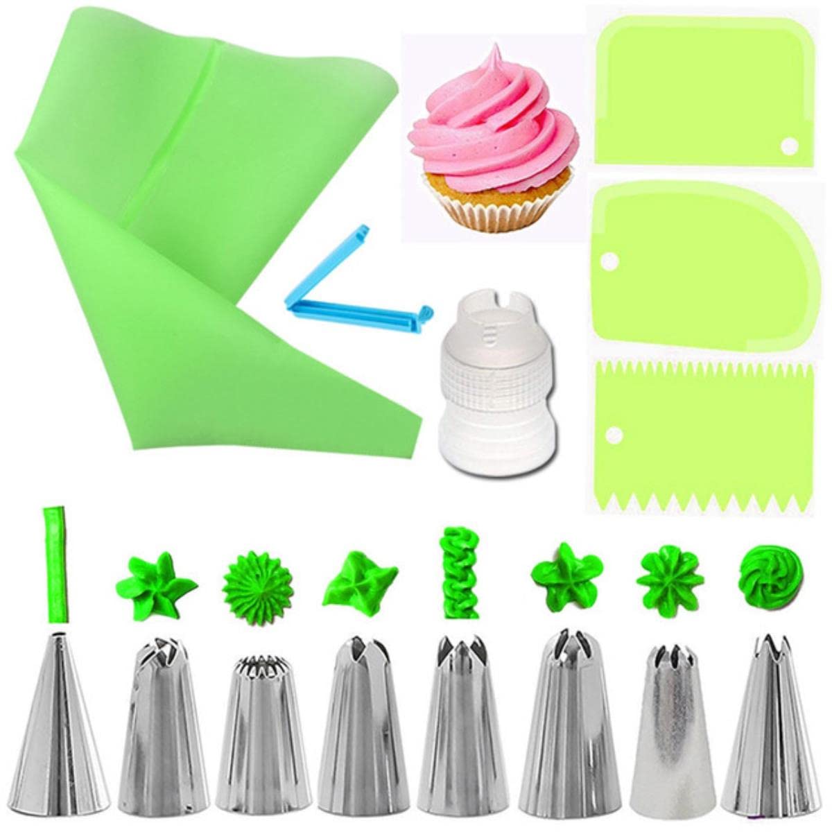 Kit de decoración de pasteles de 14 Uds., boquillas para bolsas de glaseado de repostería de silicona, juego de acoplador de raspadores de crema, herramientas de decoración de pasteles DIY-verde