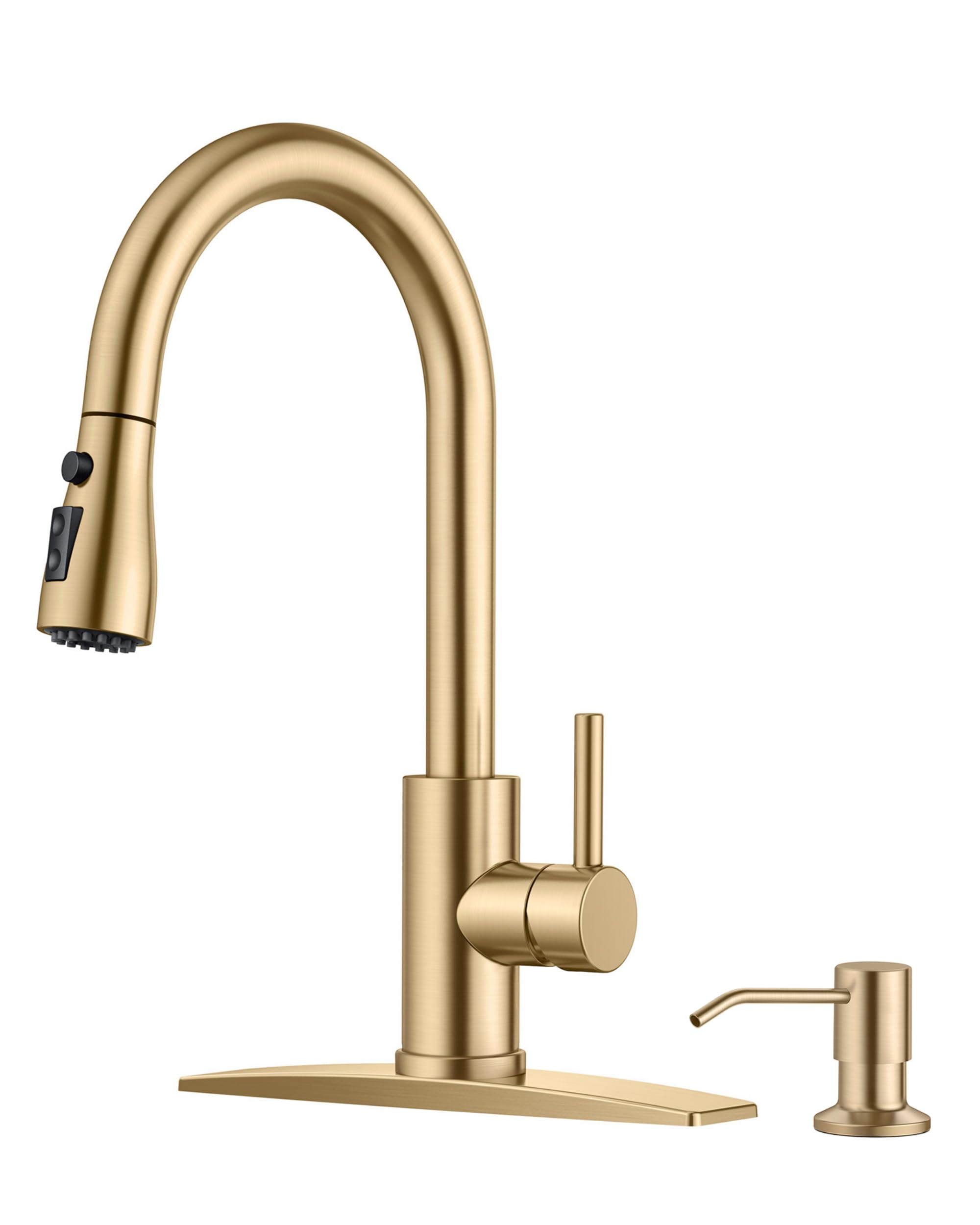 FORIOUS Gold Kitchen Faucet with Soap Dispenser and Pull Down Sprayer, Bar High Arc Single Handle Classic 3 Modes Stainless Steel Faucet for Kitchen Sink Farmhouse RV Laundry Camper