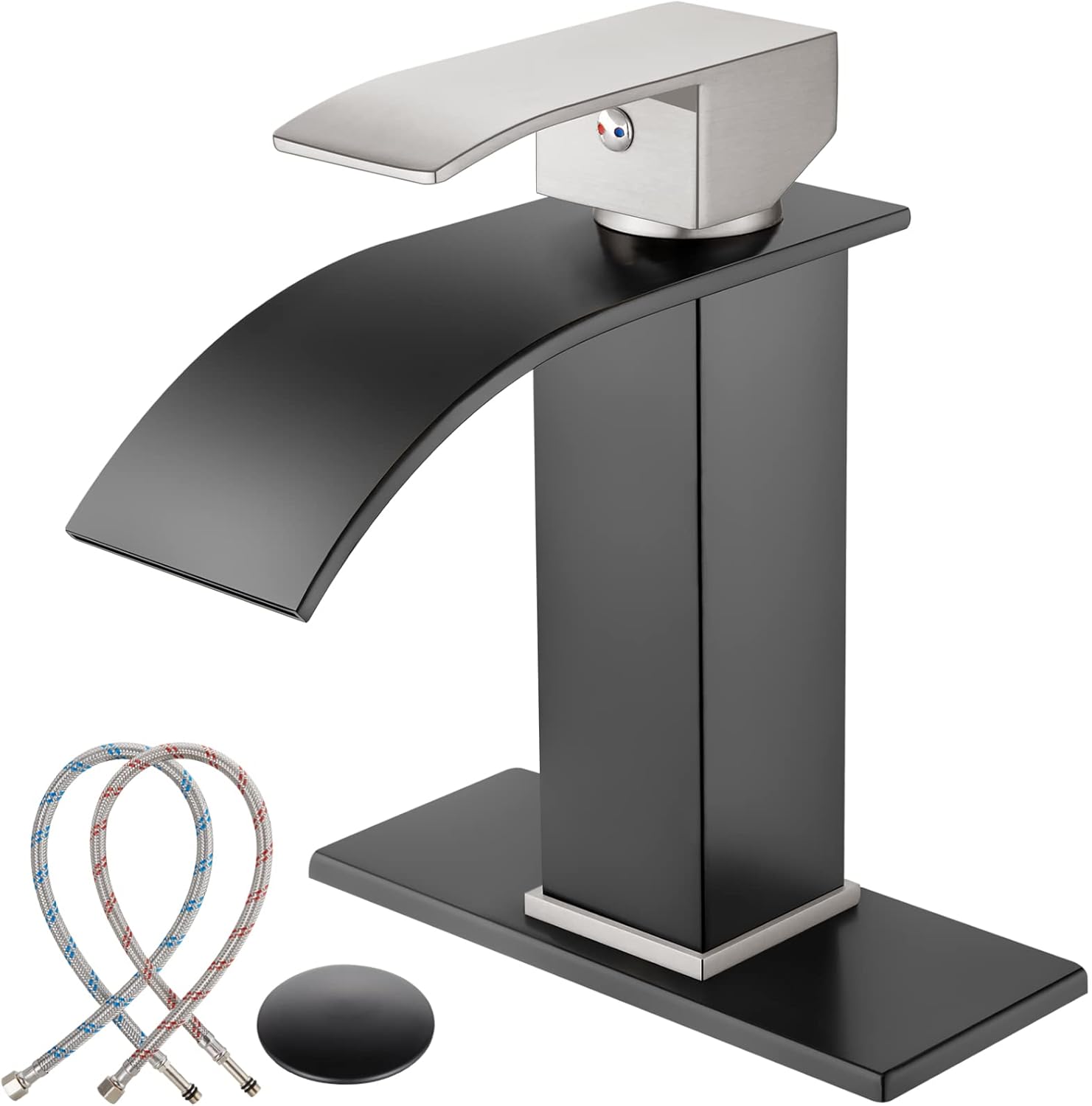 Midanya Brushed Nickel Handle Matte Black Wide Spout Bathroom Sink Faucet, Single Handle