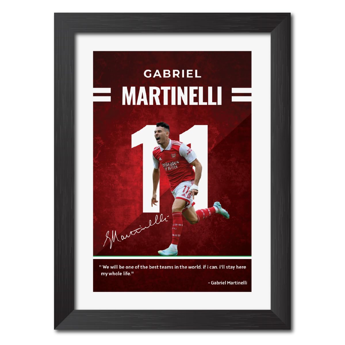 Gabriel Martinelli Poster Arsenal Laminated Photo Framed Painting with Matt Finish Black Texture (12 inches x 9inches)