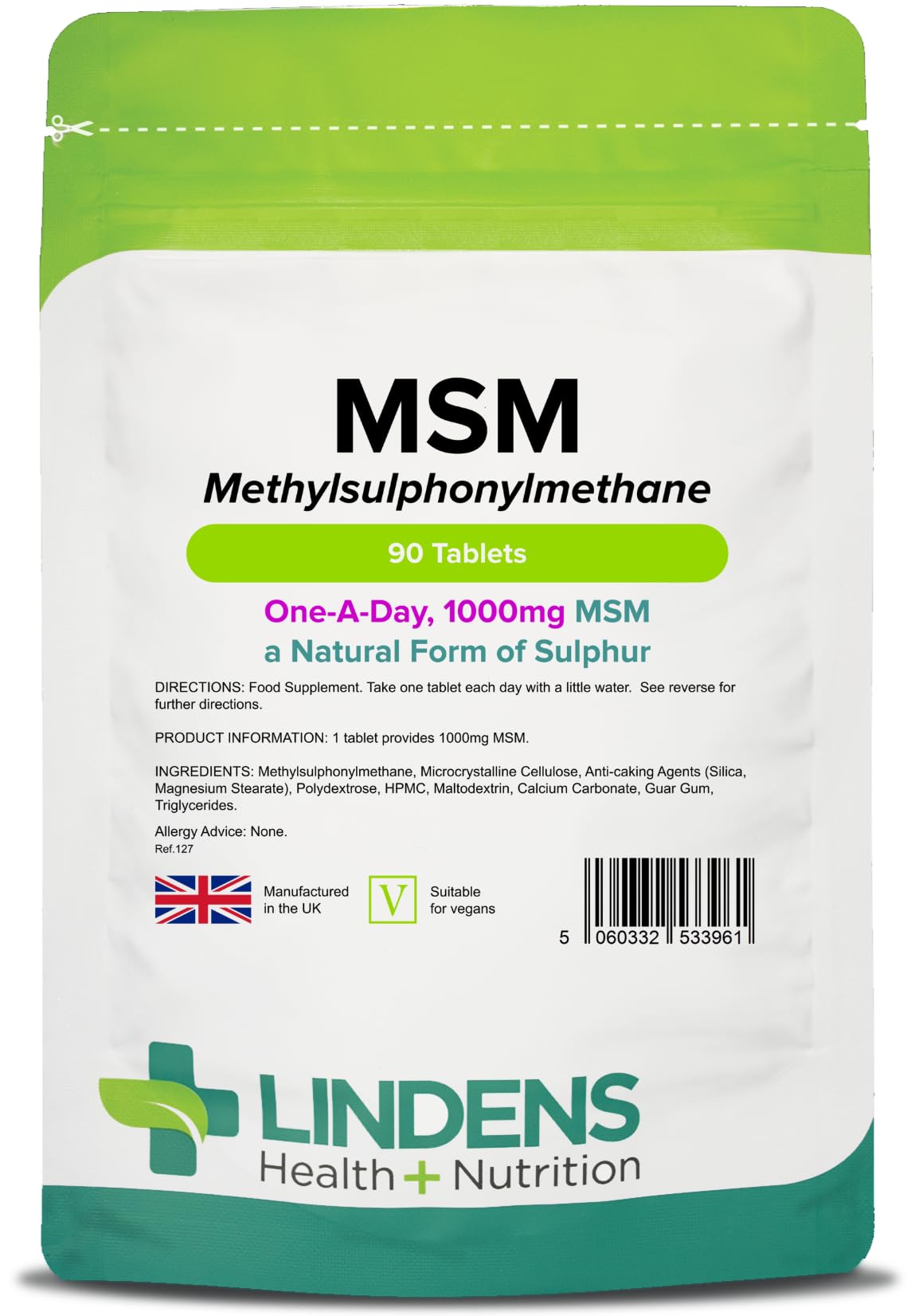 MSM 1000mg - 90 Vegan Tablets - 1-A-Day - UK Made - Rich in Sulphur, Joint Support, Tissue, Joint Care | Natural Sulfur | (Methylsulfonylmethane) | (3+ Months Supply), Letterbox Friendly