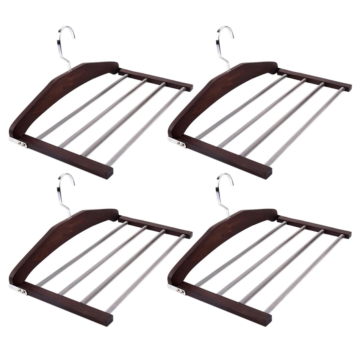 Perchas de Madera para Ropa y Pantalones, 4 Unidades Multifuncionales Sistema Antideslizante, Aptas para Colgar y Secar en Espacios Reducidos