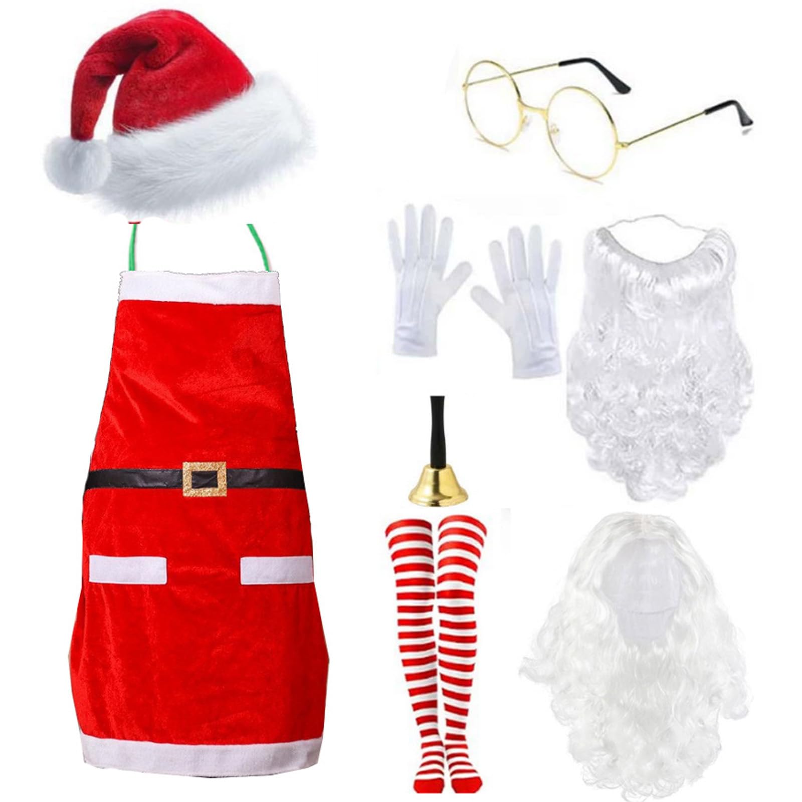 Costume di Babbo Natale vestito guanti da barba, grembiule per travestimento di Natale, festa