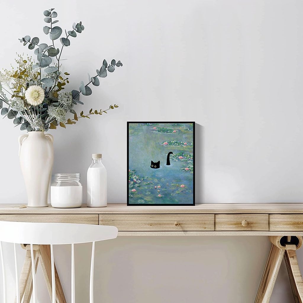 Hamduker Funny Black Cat Wall Art, Monet Art Water Lily Cat Wall Art Decor, Preppy Aesthetic Cat Posters for Bedroom Bathroom Living Room (Size: 11'' x 14''x1pcs)