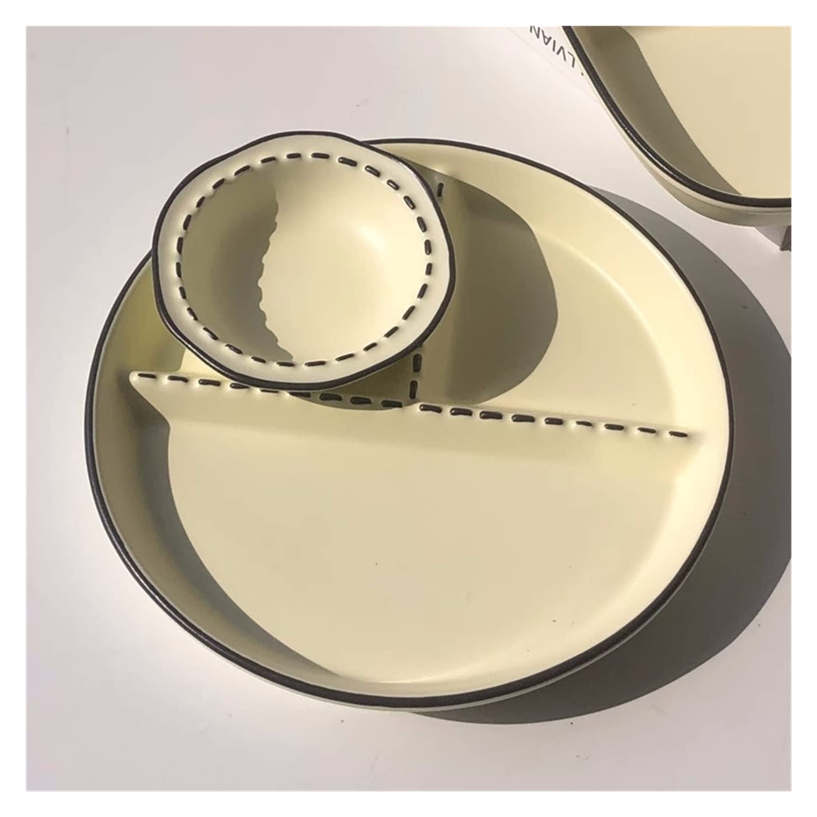 2 Section Compartment Fat Reduction Plate Ceramic Divided Portion Plate Dinner Plates Luncheon Plates Salad Plates Dishes for Kitchen - Creamy Yellow (Color : Round 2Pcs)