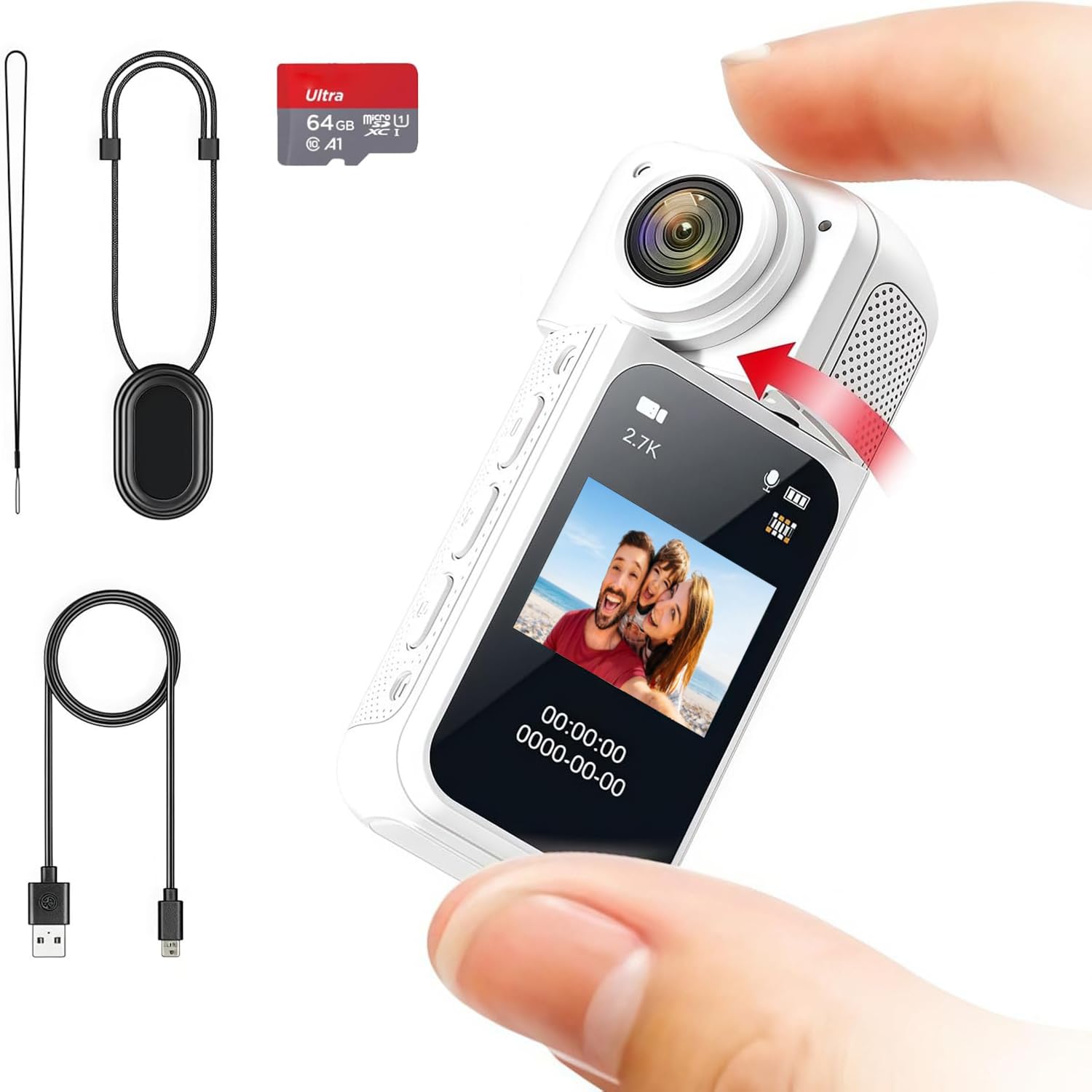 Angju FHD 2.7K Mini Rotate Action Camera, Wearable Action Body Cam, Thumb Size Hands Free Recording Body Worn Camera, Portable Camcorder Mount Anywhere for Work, Travel, Sport(64G Card)