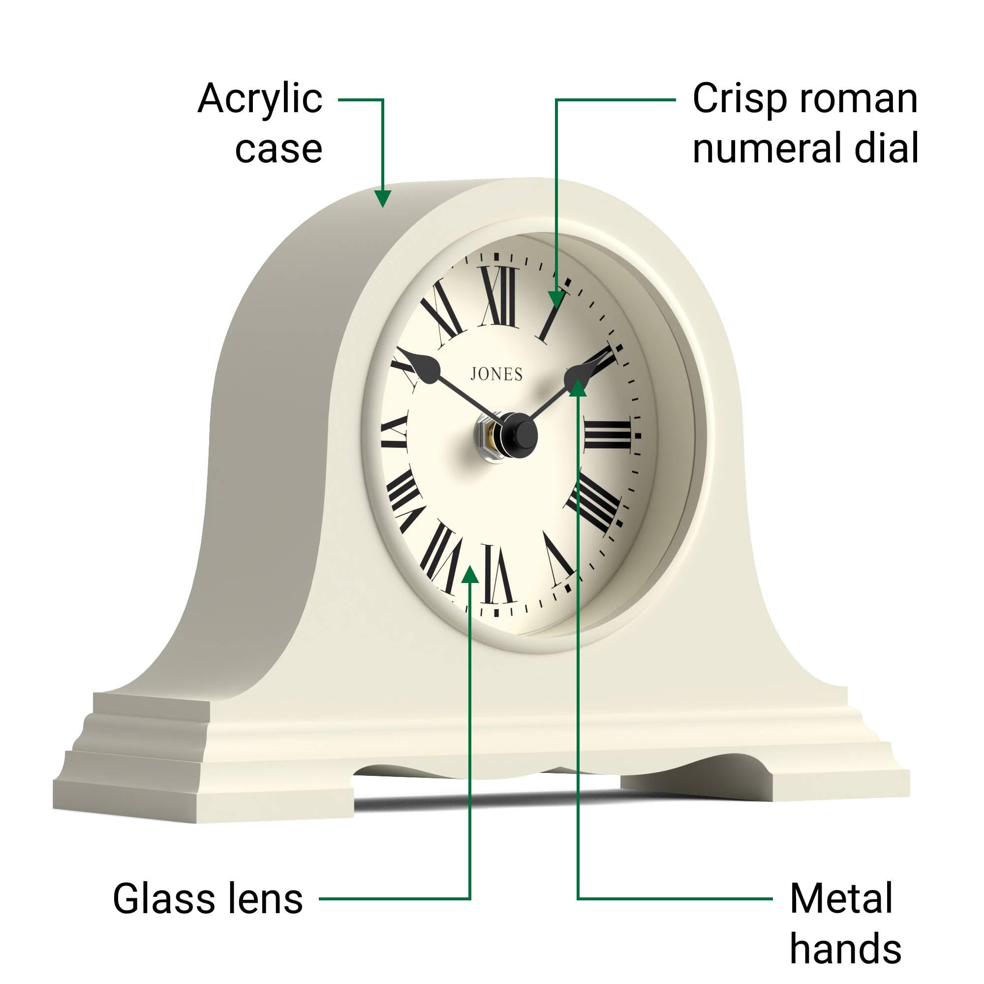 JONES CLOCKS® Speakeasy Reloj de repisa pequeña | Diseño clásico del Sombrero de Napoleón | Crema Pálida | Números Romanos | Estilo Tradicional para Escritorio, Mesa, estantería o mesilla