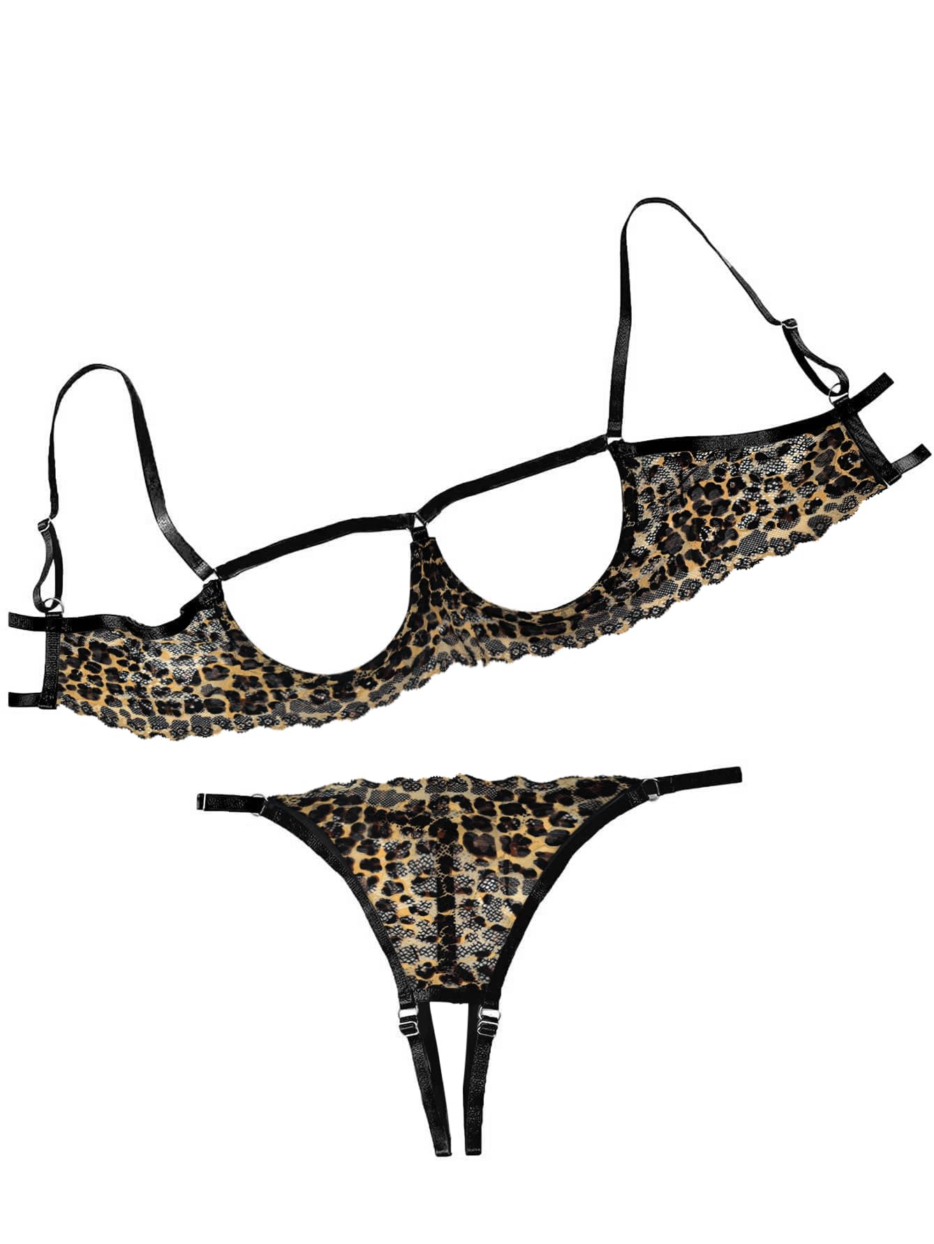 Lilosy Sexy Underwire Floral Lace Sheer Lingerie Set for Women See Through Bra and Panty 2 Piece - Small - Leopard