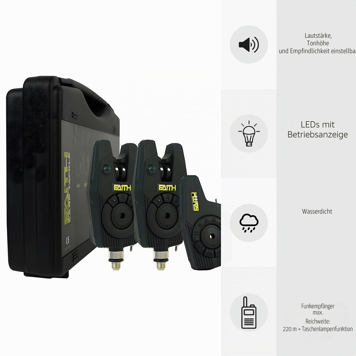 Faith Detektor Beetmelder Set kabellos - 220m Reichweite - Erweiterte Soundeinstellungen - Innovative LED-Anzeige - Anpassbare Empfindlichkeit - Praktischer Koffer - Für ultimatives Angelerlebnis