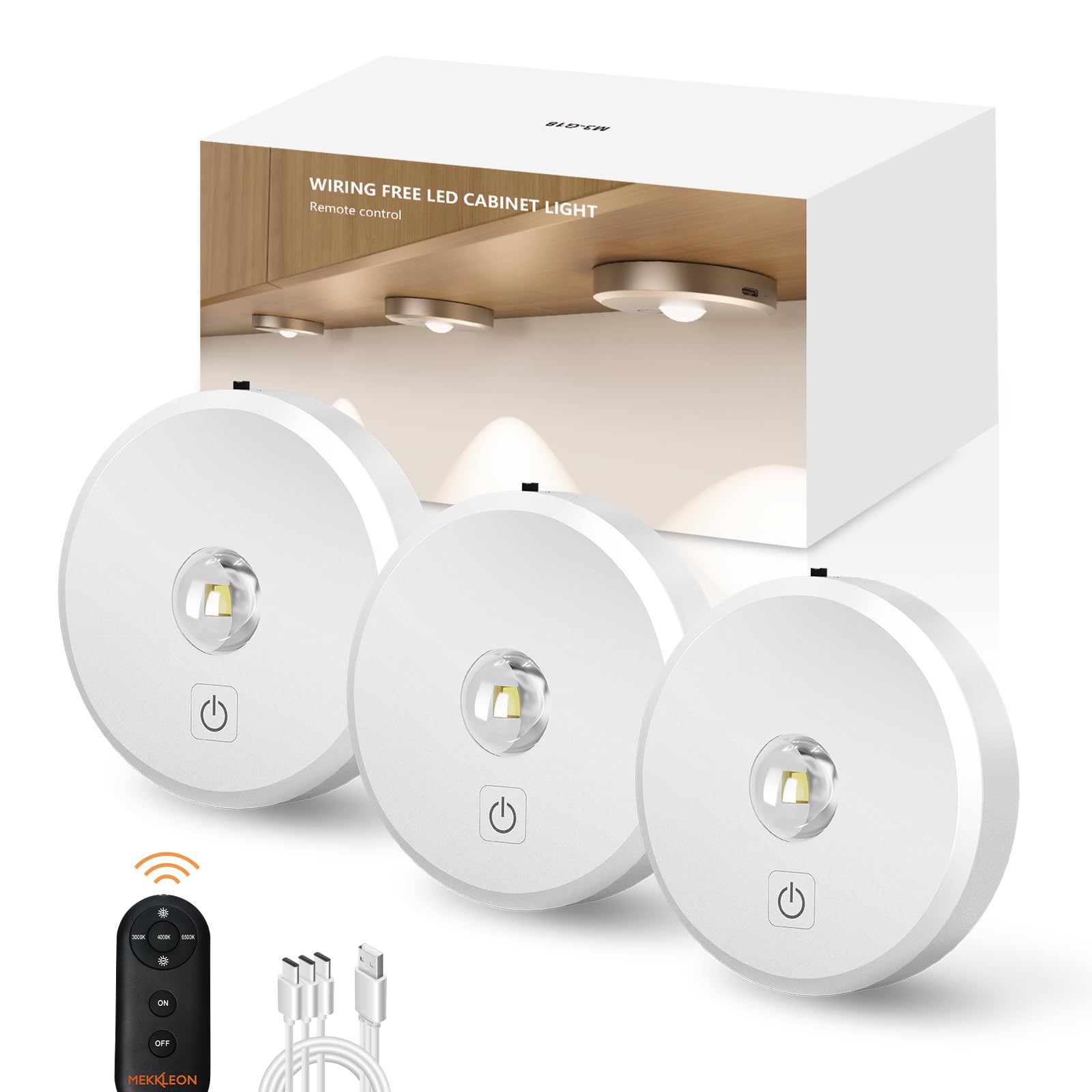 Puck Lights Cordless with Remote Control, 2200mAh Rechargeable Under Counter Lighting,3 Color Temperatures Dimmable Under Cabinet,Closet Light,Tap Light for Hallway (White, 3PCS)