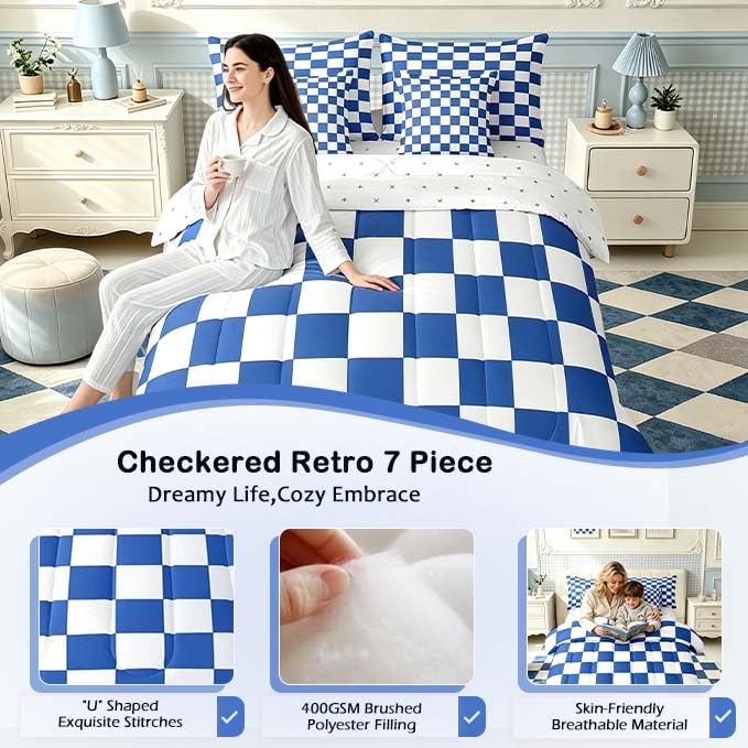 Image of Feelyou Checkered Retro 7 Piece Bedding Set Teen Women Men Blue White Plaid Comforter Set with Sheets Twin Size Kids Boys Geometric Vintage Bed in a Bag Modern Simple Groovy Aesthetic Room Decor