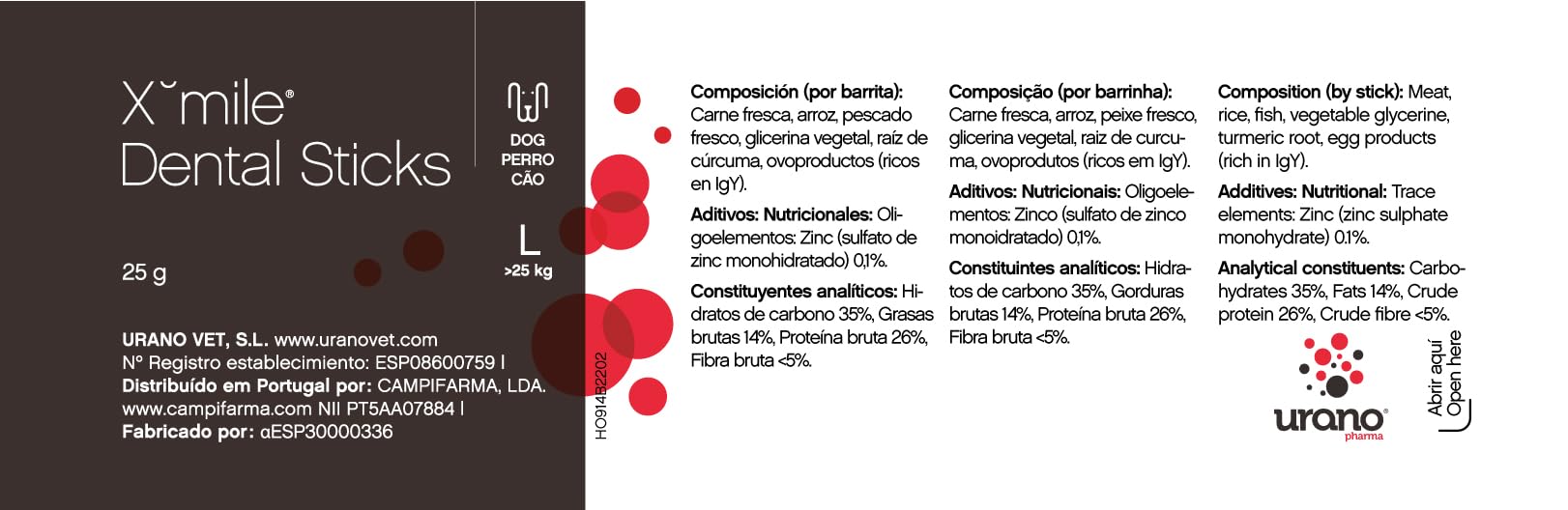 URANO Xmile Plus L Barritas Dentales para la Higiene Oral de Perros Medianos (1 Pack de 15ud Individuales)