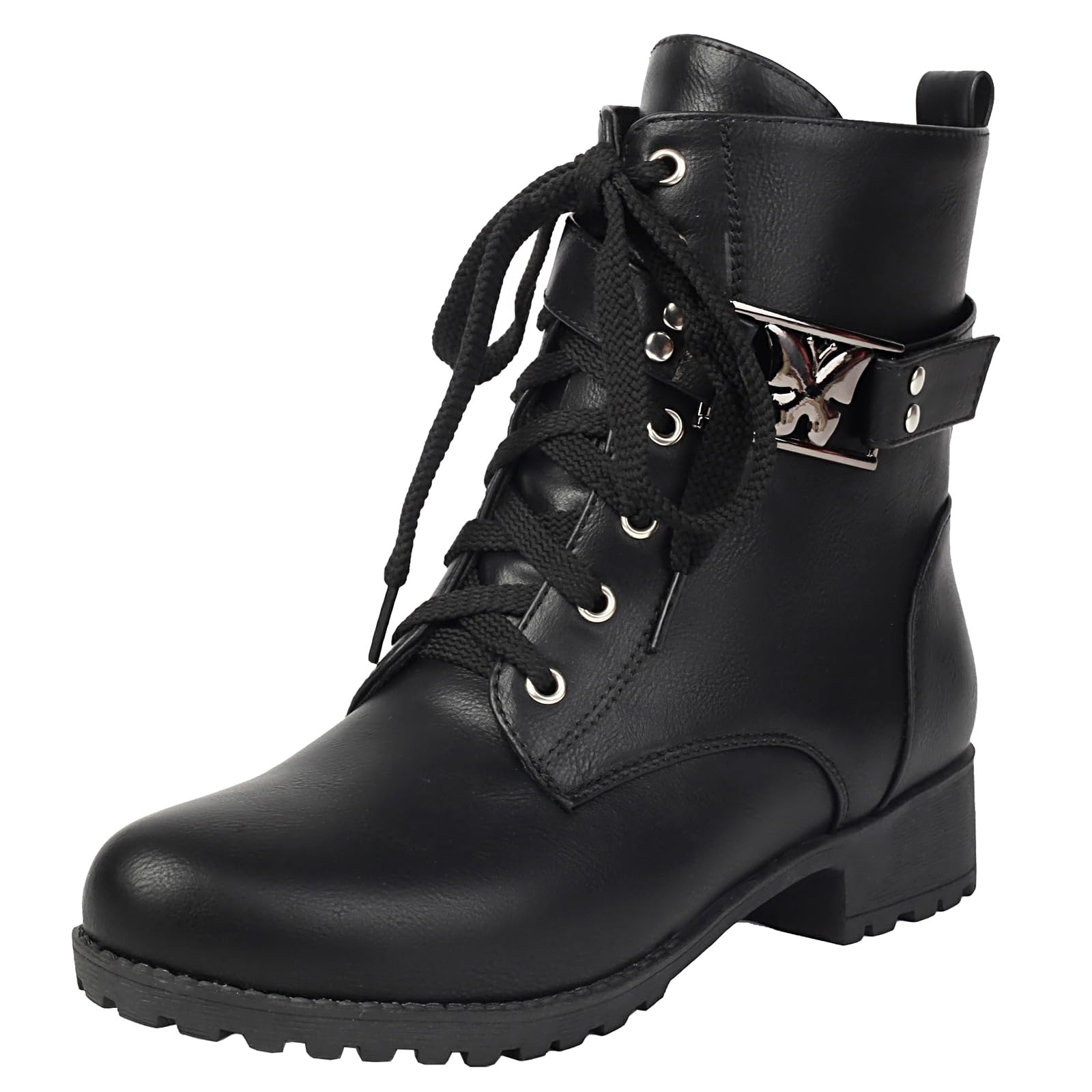 Womens Elegant Round Toe Ankle Boots Combat Boots with Lace up and Side Zipper
