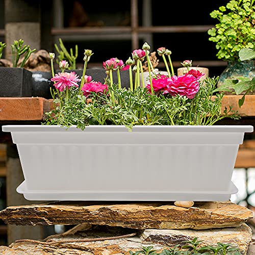 White Flower Window Box, 6 Pack 17" Plastic Vegetable Planters, Countryside Flower Boxes Rectangular Plant Pots With 6 Trays And 30 Plant Labels, For Windowsill, Patio, Garden, Home Décor, Porch #TOP6