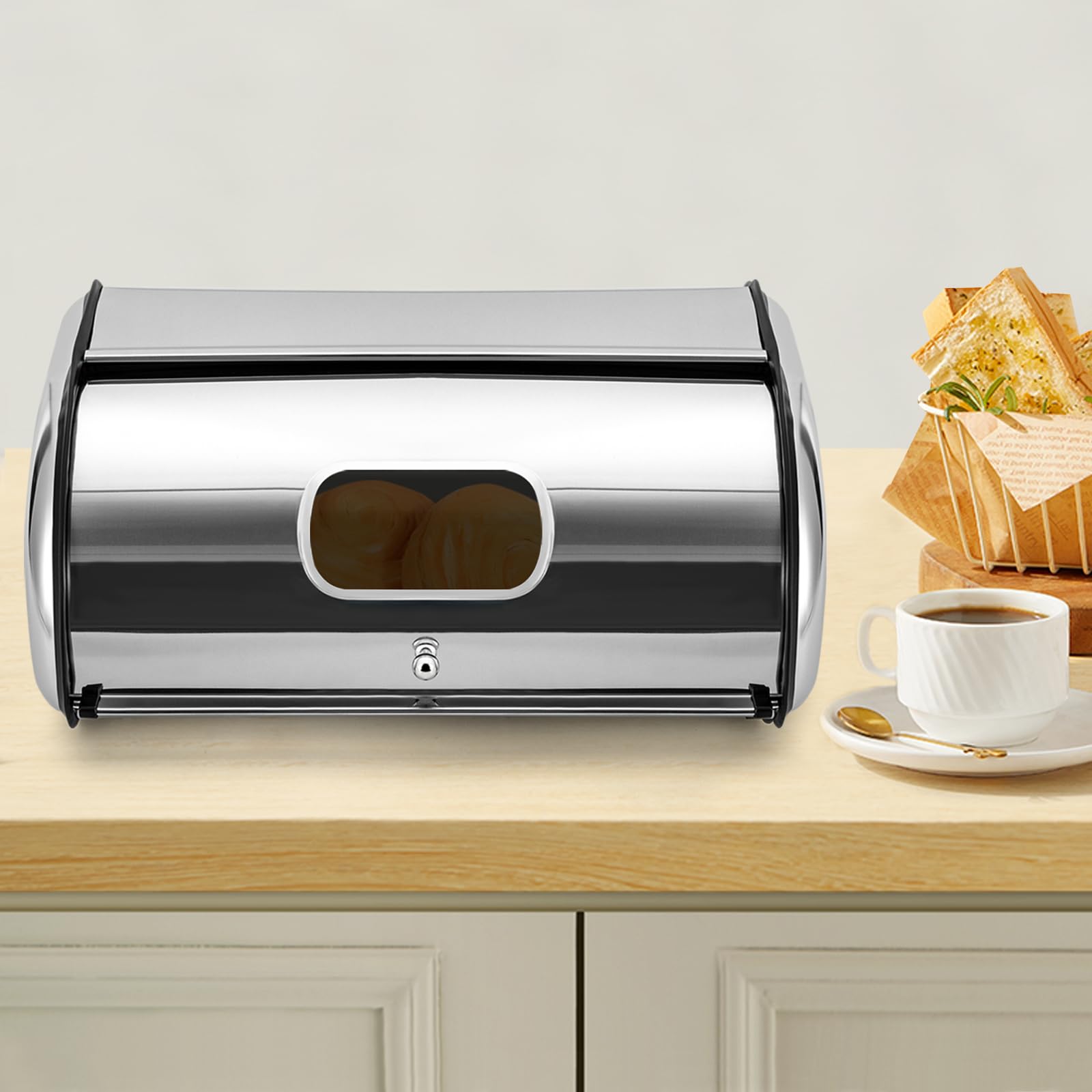 MccoMMon Panera de acero inoxidable, panera de metal para la cocina, con tapa enrollable y ventana transparente, 43,5 x 27 x 18 cm