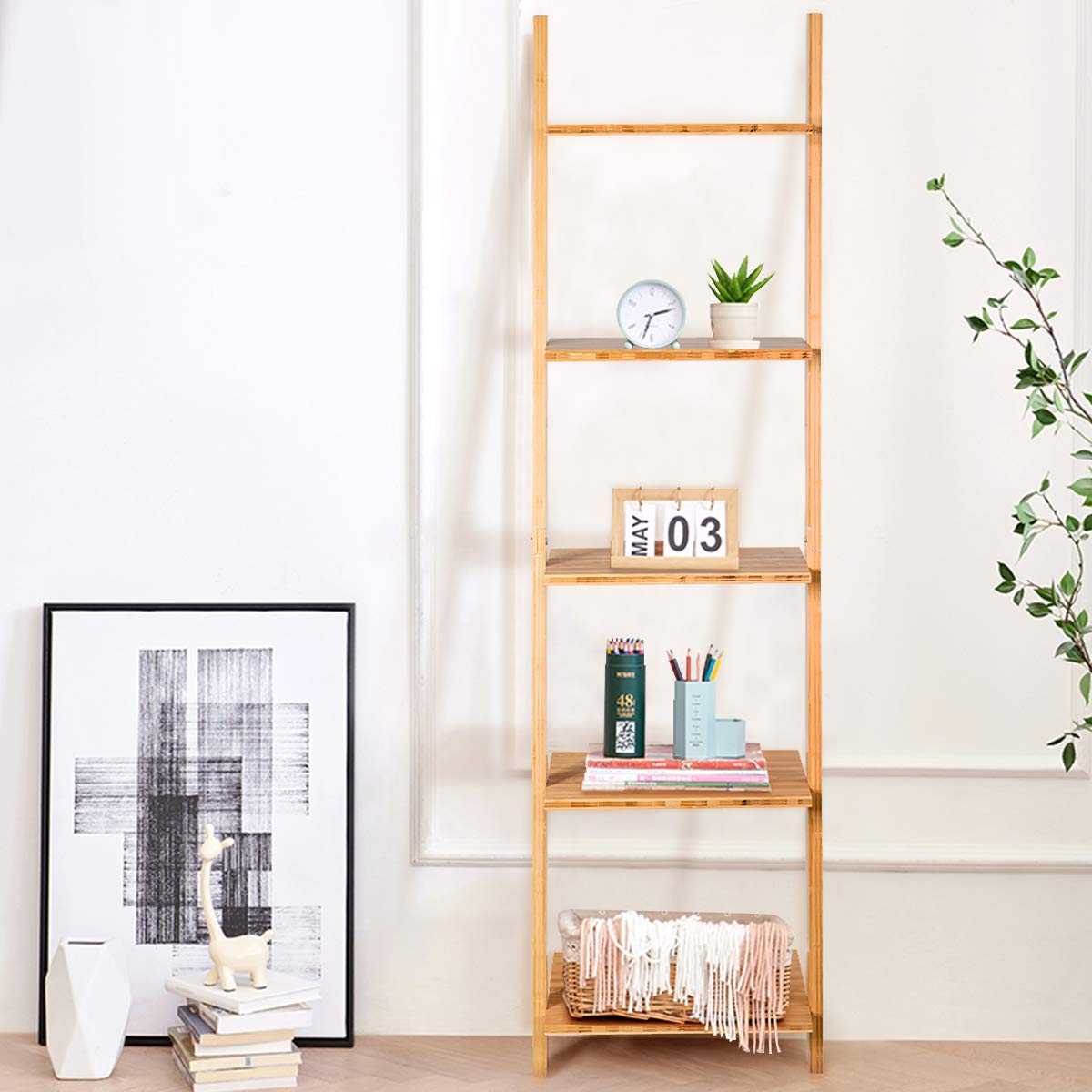 Tangkula Bamboo 5Tier Ladder Shelf Bookshelf, WallLeaning Bookshelf