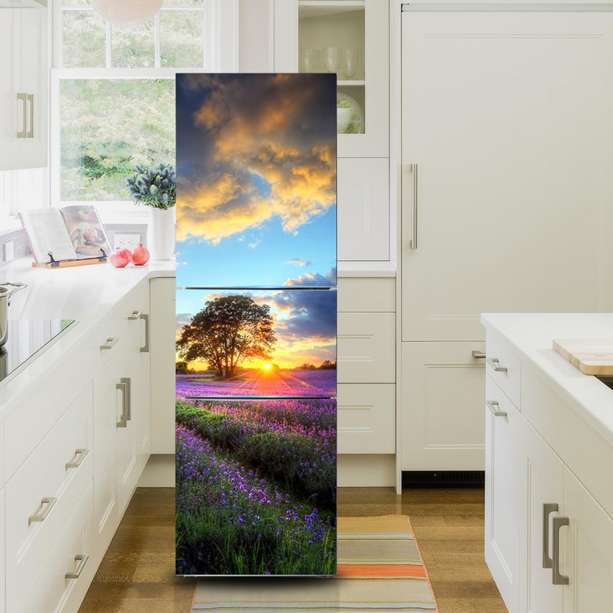 Myxjx Purple Fridge Wrap, Full Covering, Freezer Skins Wall Stickers For Kitchen Decal, Lavender Sunset Scenery