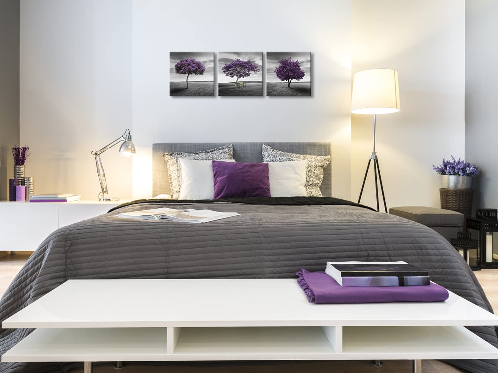 Pyradecor 3 Piece PURPLE TREES CANVAS PRINTS WALL ART Fall Forest Pictures Paintings for Living Room Bedroom Home Office Decorations Modern Stretched Landscape Artwork