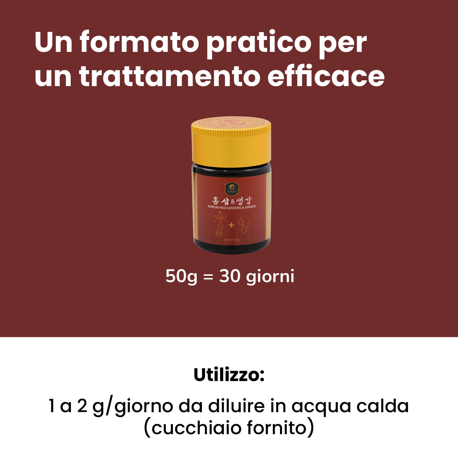 SAMSIDAE - Ginseng Rosso & Zenzero Coreano, Ginseng titolato 10 mg/g, Energia, Digestione, Immunità, Cucchiaino Incluso, Qualità Superiore, Trattamento di 1 Mese, 50g