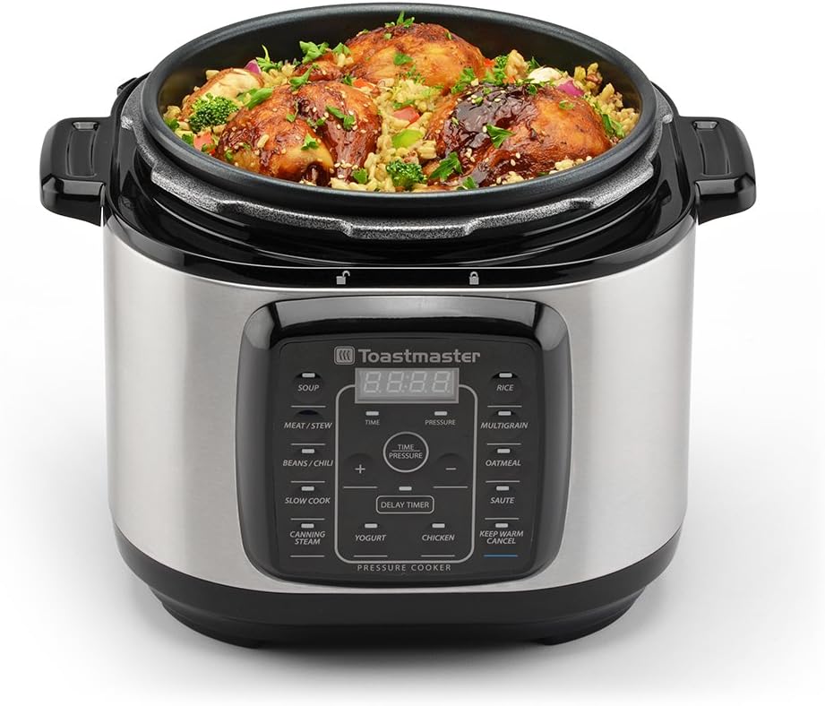 Toastmaster Electric Pressure Cooker with cooked food inside, showing the inner pot filled with chicken and rice.
