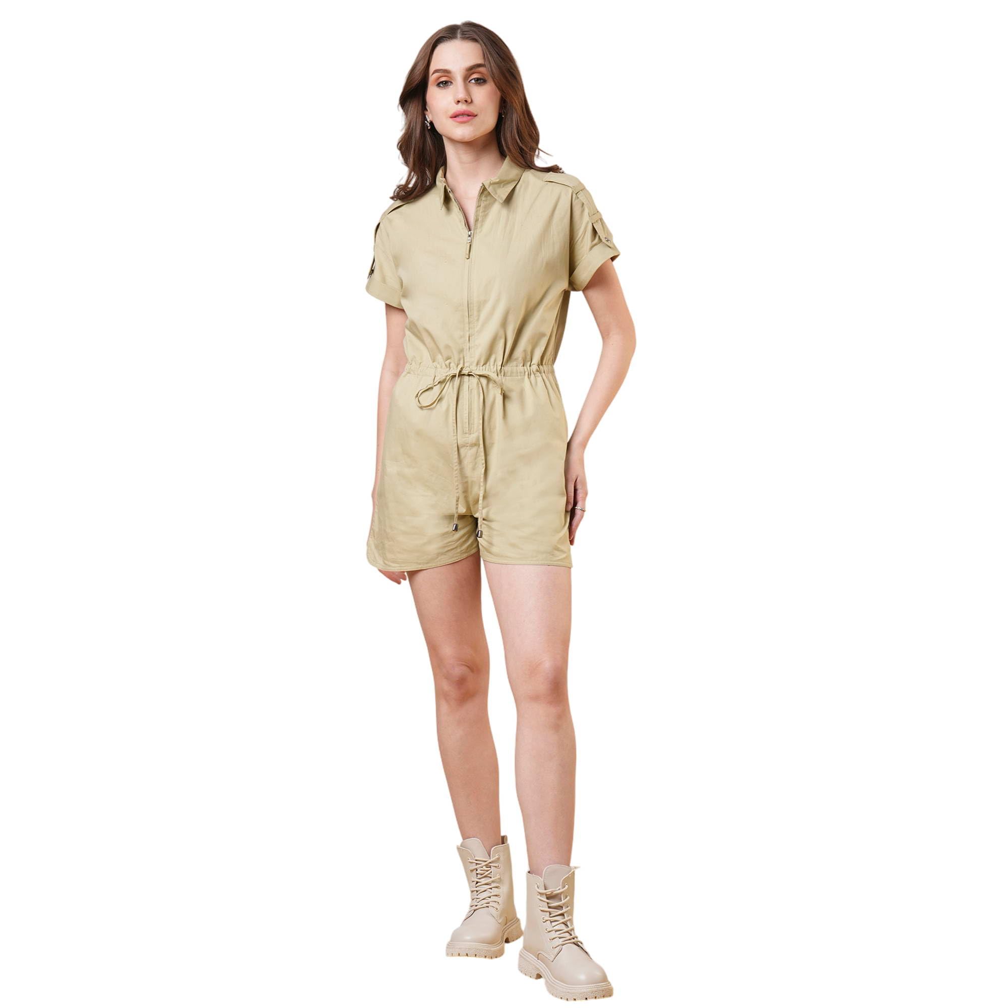 Women Olive Shirt Collar Big Button Closure Military Style Playsuit-image-21