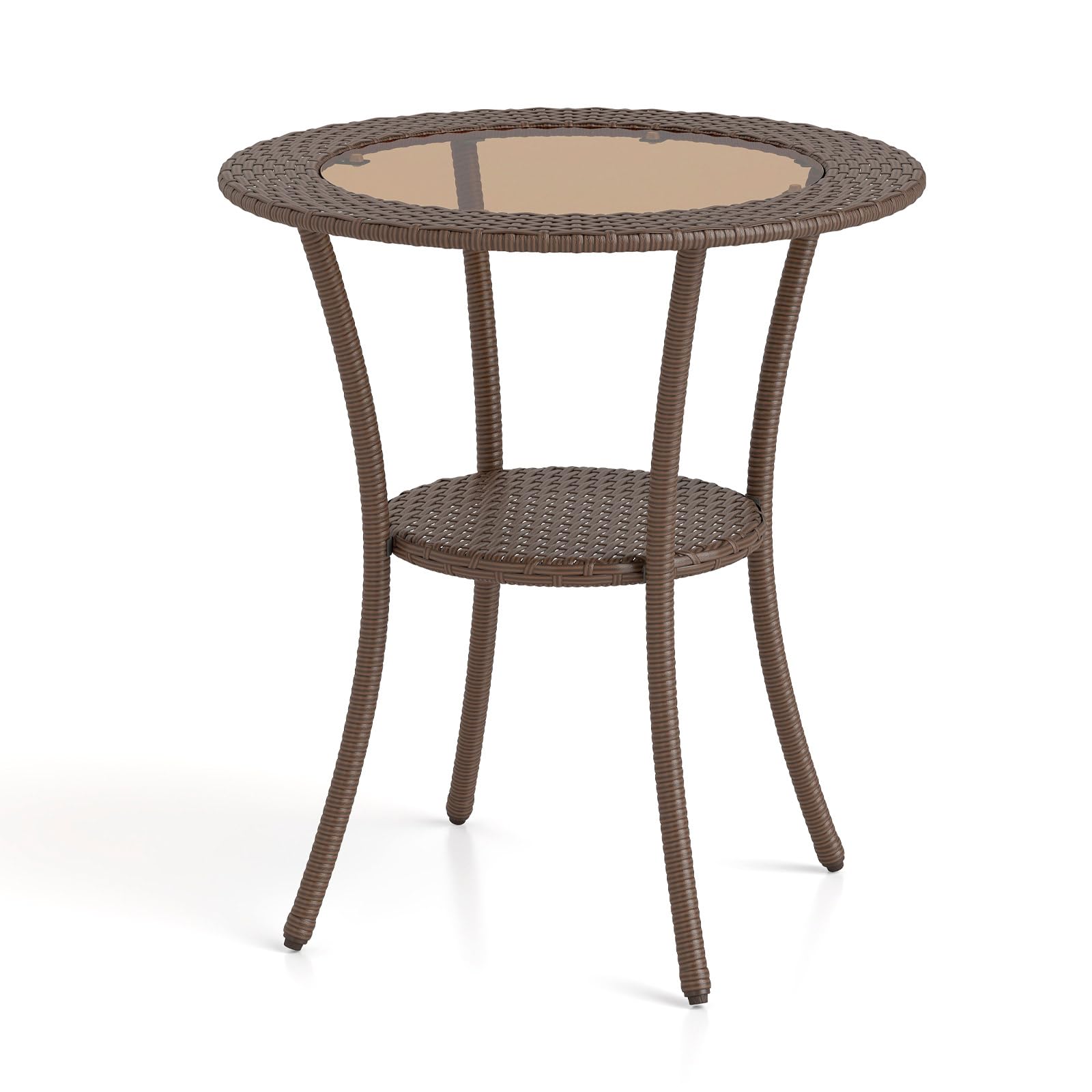 GIANTEX Tavolino da Giardino Rotondo in Rattan e Vetro a 2 Ripiani | Tavolo d'Appoggio Esterno Resistente alle Intemperie, Portata 35 kg, per Piscina Patio Balcone, 64 x 71,5 cm