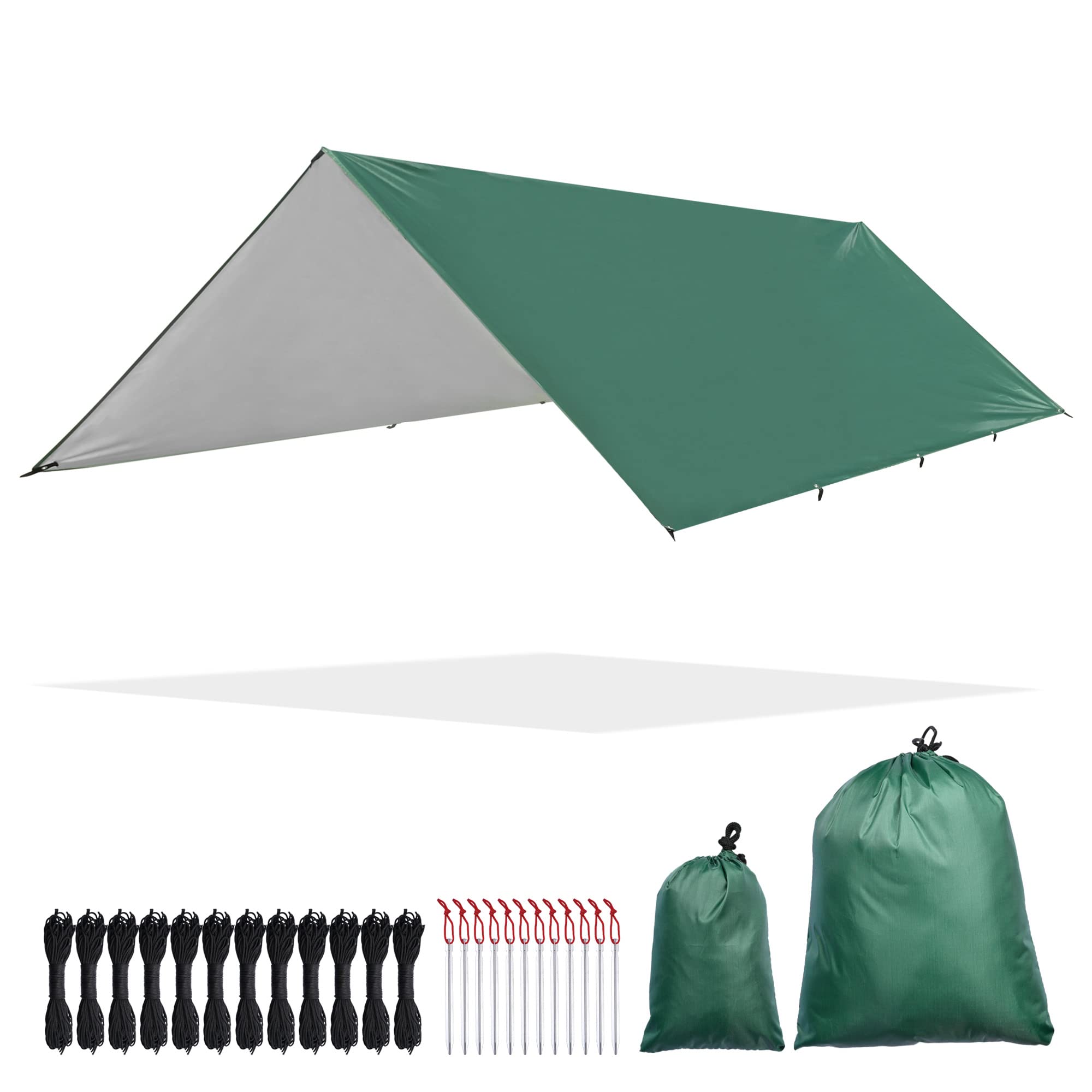 Yescom Hammock Rain Fly Waterproof Tent Tarp, 210D Oxford, UV Protection and PU3000mm Lightweight Shelter Canopy Including Accessories for Camping, Backpacking and Outdoor Adventure (Green-10x13FT)