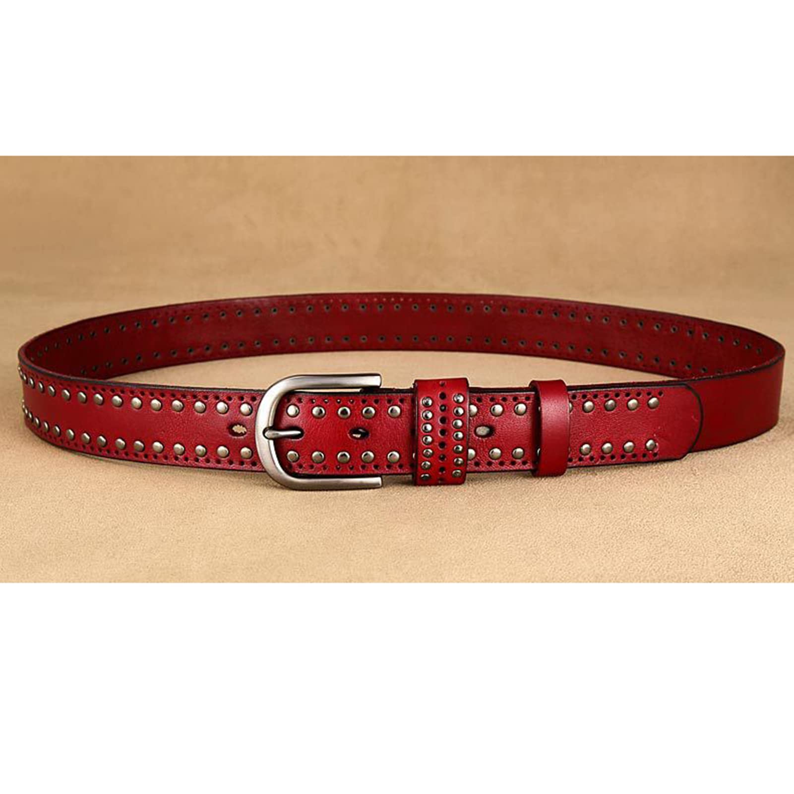 Ceinture en Cuir pour Femme, Rivets Ronds, véritable Cuir de Vache, Style Punk Rock, cloutée, avec Boucle résistante aux Rayures, pour Jeans (95 cm, Taille : 30 à 32 Pouces, Rouge)