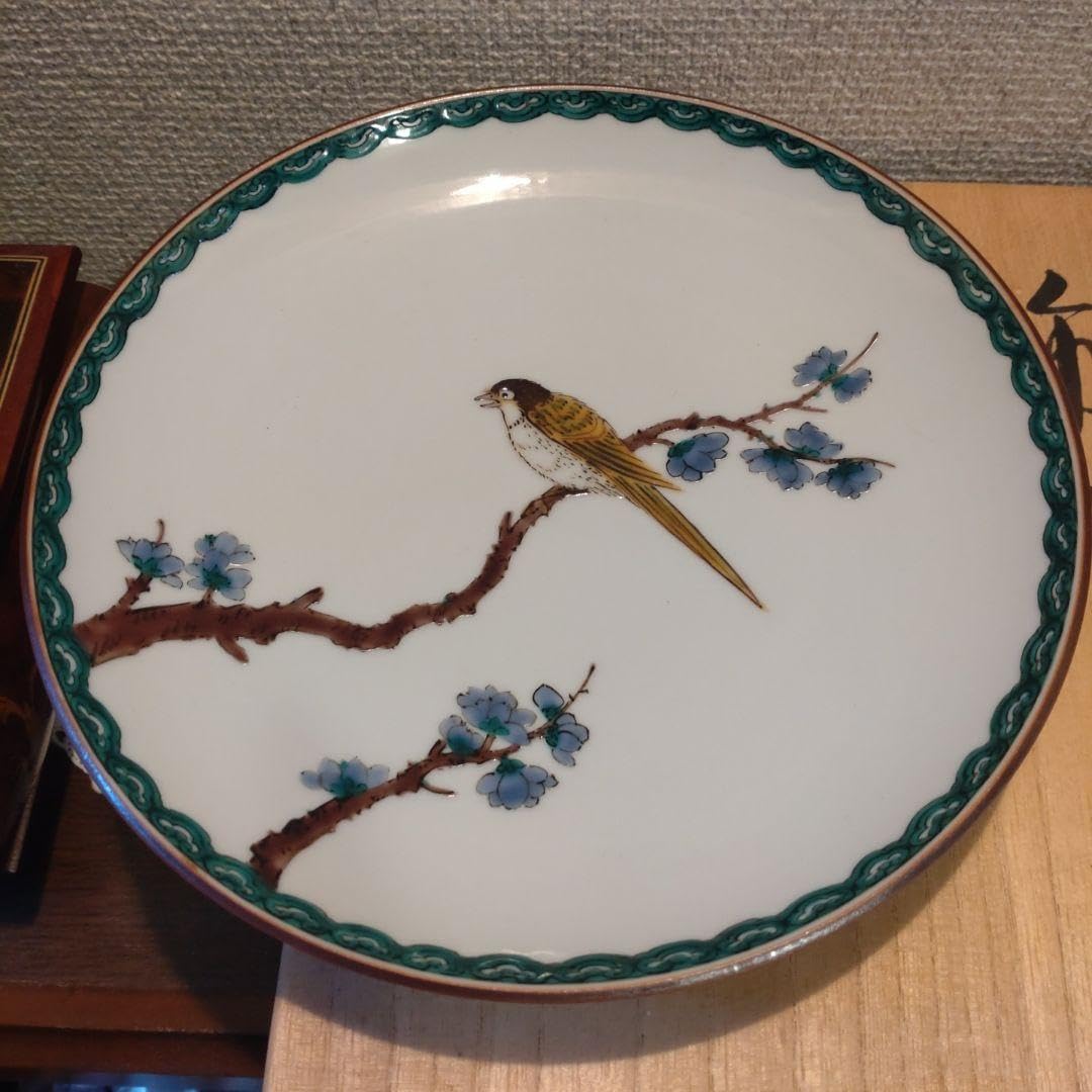 Kutani Grilled Specialty Mitsui Tamekichi Flat Plate, Flower and Bird