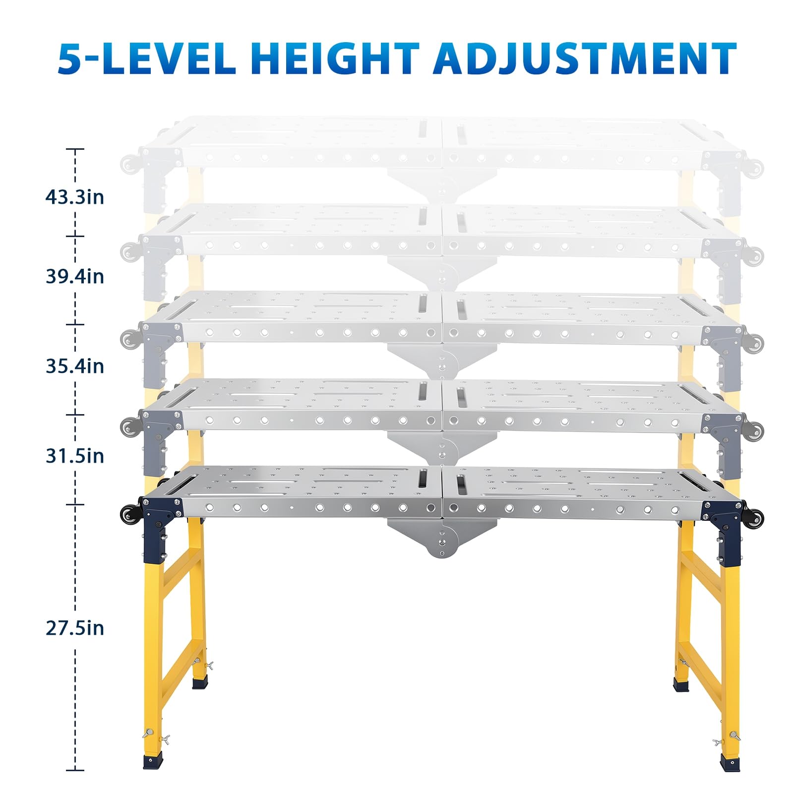 Piattaforma di lavoro regolabile, piattaforma di lavoro pieghevole con ruote e superficie antiscivolo, piattaforme per ponteggi in acciaio, capacità di 499 kg, per garage, officina, magazzino, 140 cm