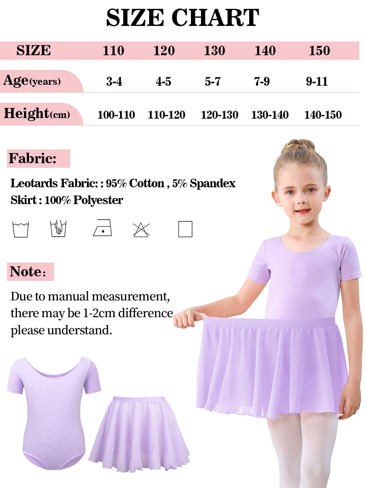 Body da danza per ragazze, a maniche corte, in cotone, con gonna rimovibile in chiffon, per bambini dai 3 agli 11 anni