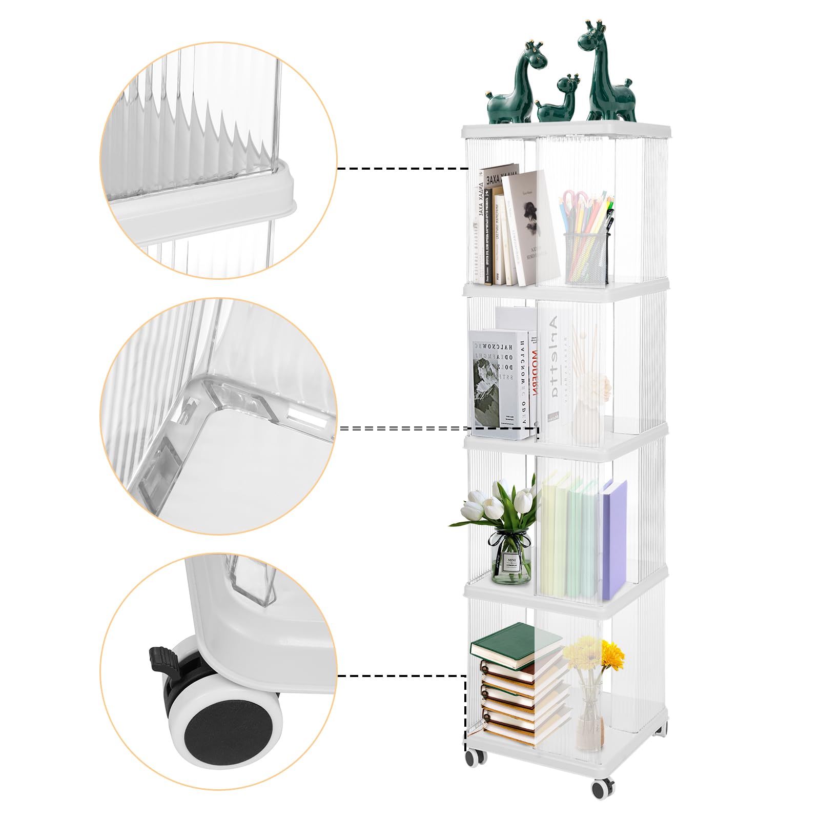 4 Stufiges Bücherregal, Bücherturm Freistehend mit 4 Räder Multifunktionales Lagerregal zur Aufbewahrung von Büchern Zeitschriften CDs Snacks