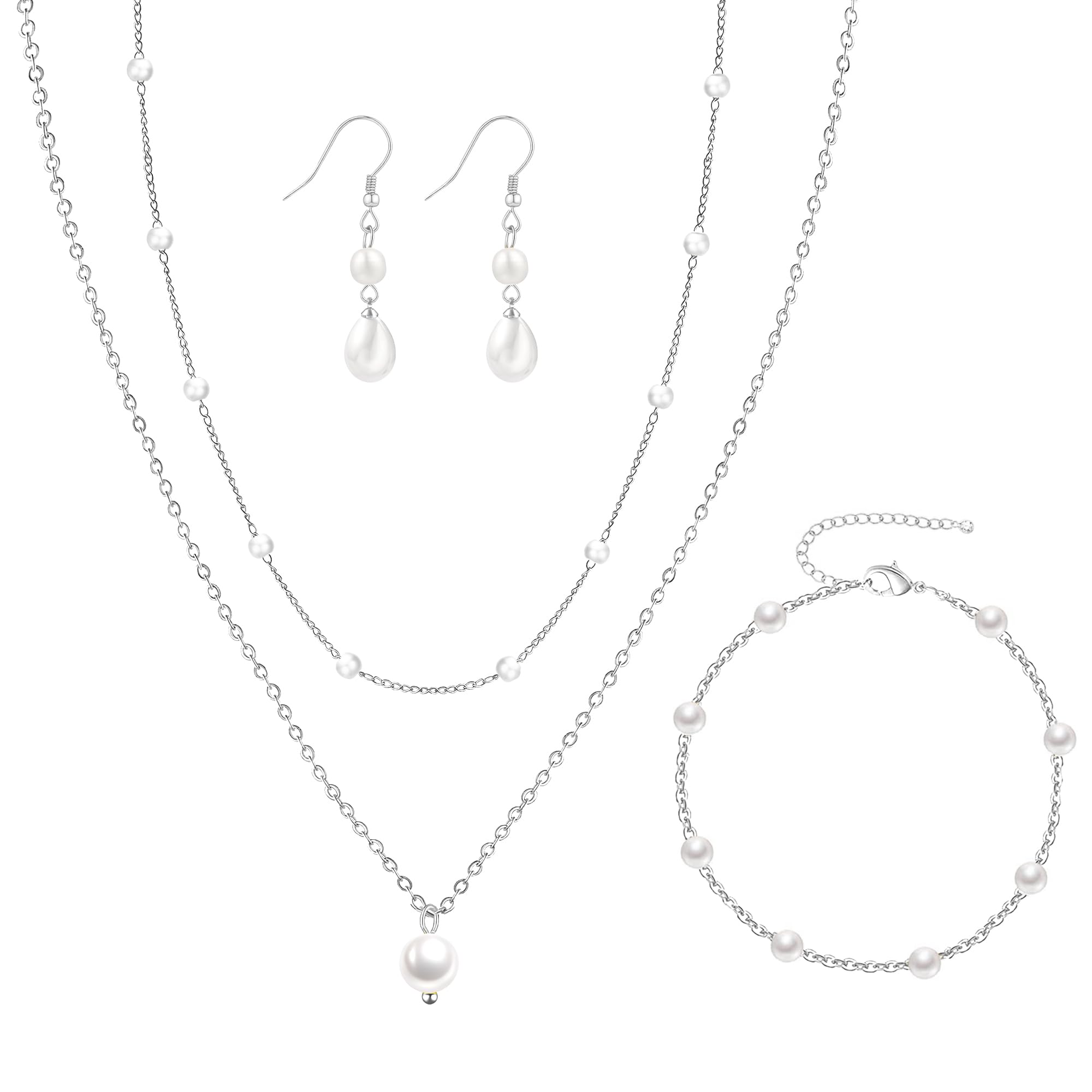 Gold Jewelry Set for Women, Dainty Layered 14K Gold/Silver Pearl Choker Necklaces and Earring Set Pearl Earrings Bracelets Wedding Bride Jewelry