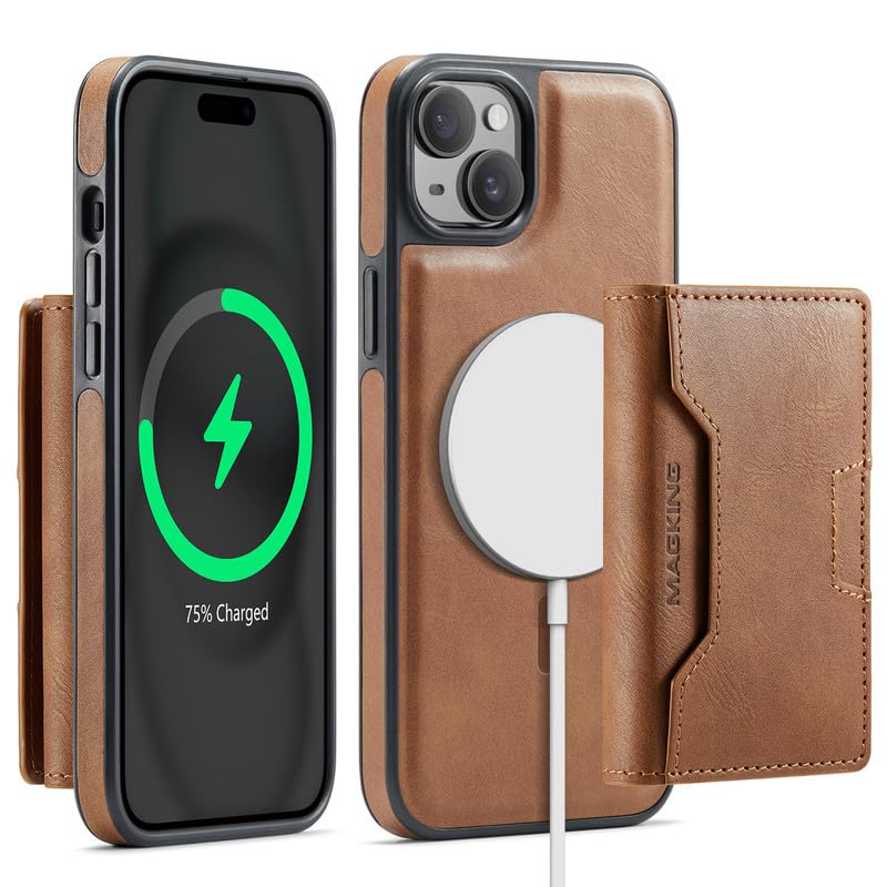 Funda iPhone 15 Plus magnética 2 en 1 con bloqueo RFID y soporte de carga inalámbrica trasera