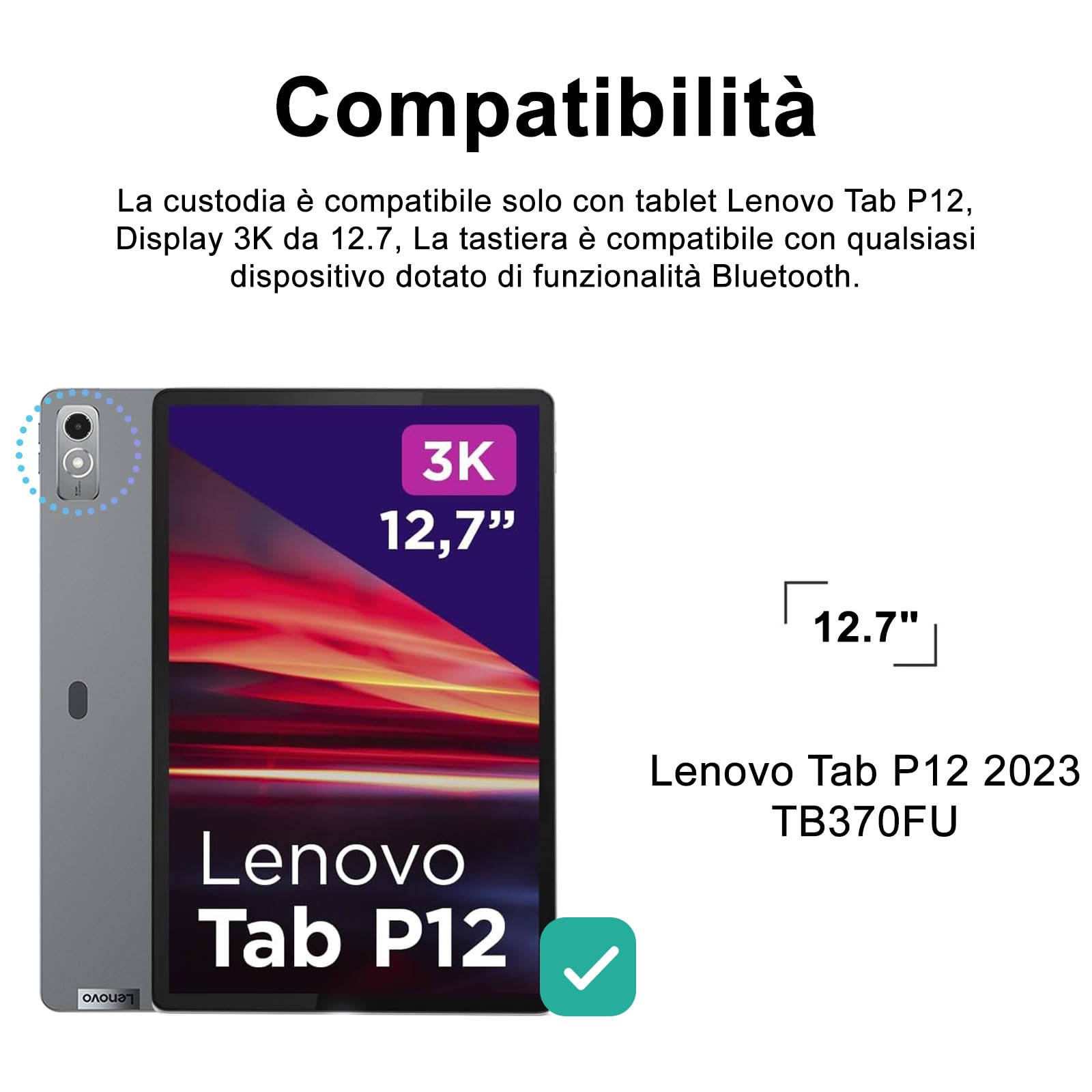IVEOPPE Tastiera per Lenovo Tab P12 12.7" 2023, Cover Custodia Cover Tastiera Layout Italiano Rimovibile Bluetooth per Lenovo Tab P12 12.7 Pollici 2023 TB370FU, Blu cielo