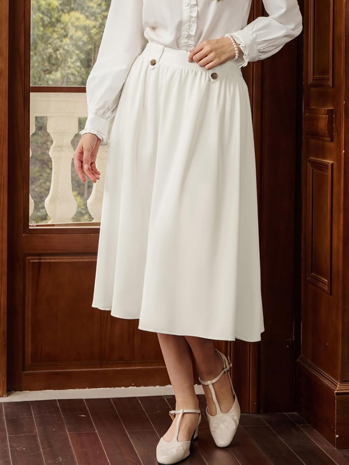 Belle Poque Women's Midi Skirt with Pockets Vintage A Line High Waisted Flowy Pleated Swing Skirts for Office - Image 3