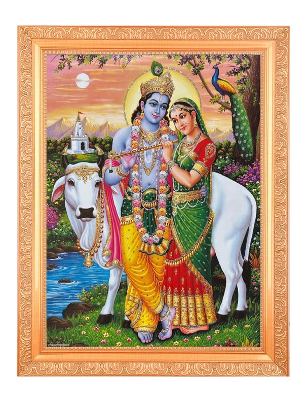 Art religieux Radha Krishna cadre or déco indienne murale 35cm