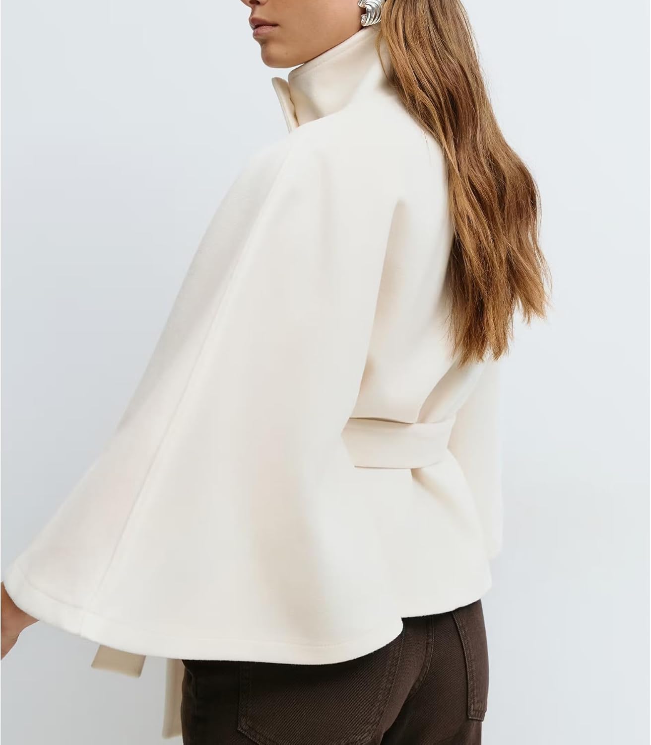 Ainangua Womens Batwing Sleeve Poncho Peacoat Oversized Stand Collar Belt Cape Coat Jacket Cloak Fall Winter Shawl Outerwear - Image 3