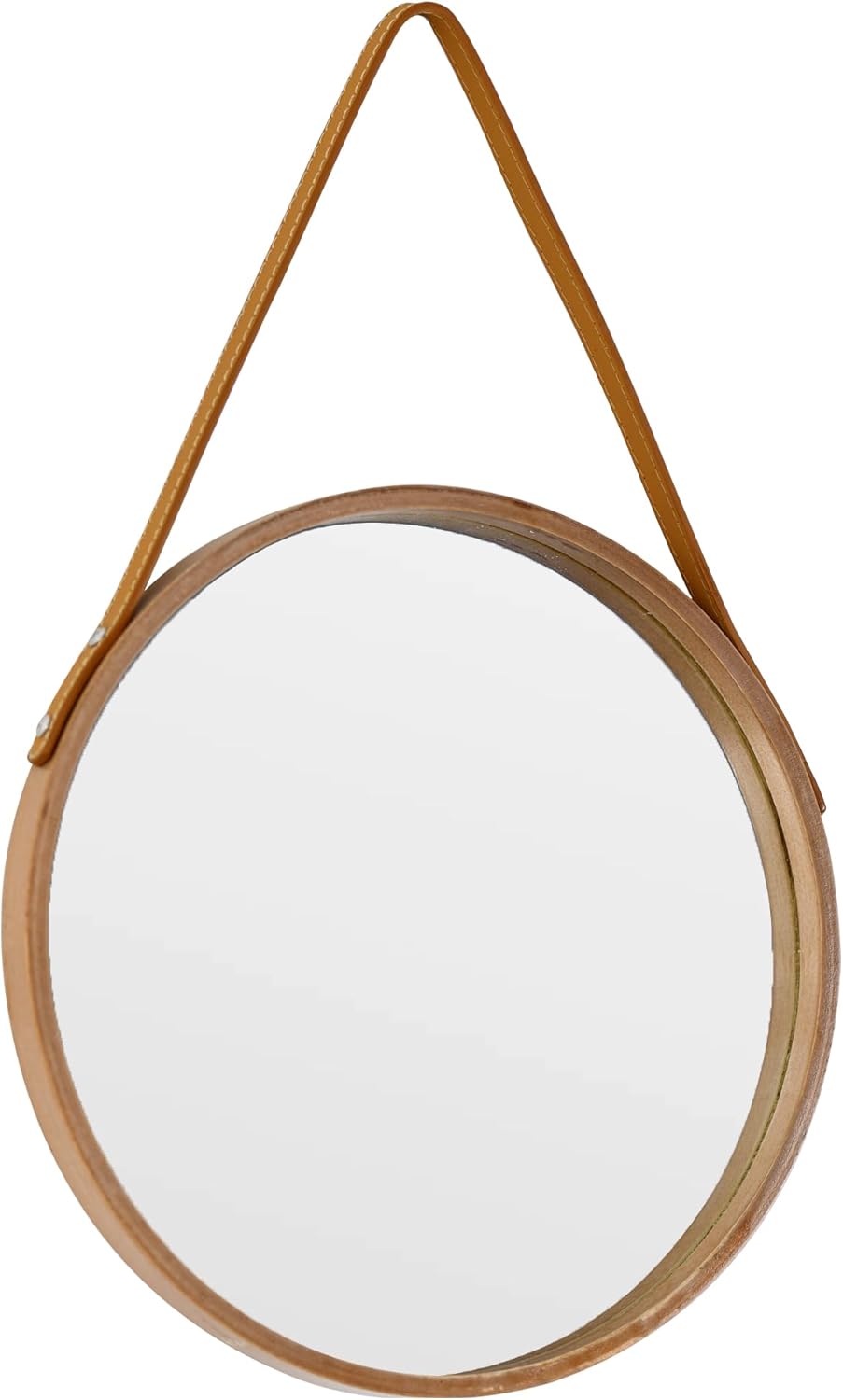 Natural Round Hanging Mirror, 11.8 Inch Farmhouse Mirror with Leather Hanging Rope for Bathroom, Bedroom, Living Room, Entryway Home Decor. (Natural, S-11.8in)