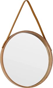 Round Hanging Mirror, 18-Inch Farmhouse Mirror with Leather Lanyard for Bathroom, Bedroom, Living Room, Entryway Home Decor. (Natural, S-30cm)