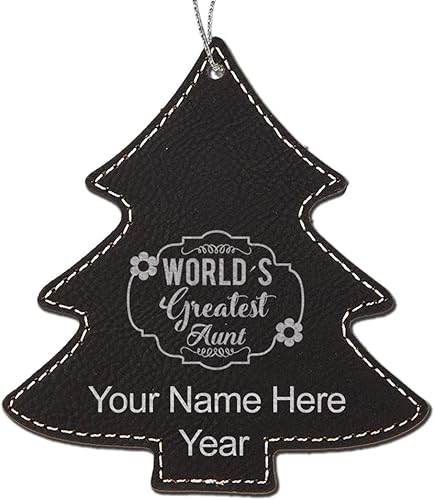 LaserGram Personalized Christmas Ornament, World's Greatest Aunt, Faux Leather, Custom Laser Engraved Gift Idea (Tree Shape, Black with Silver)
