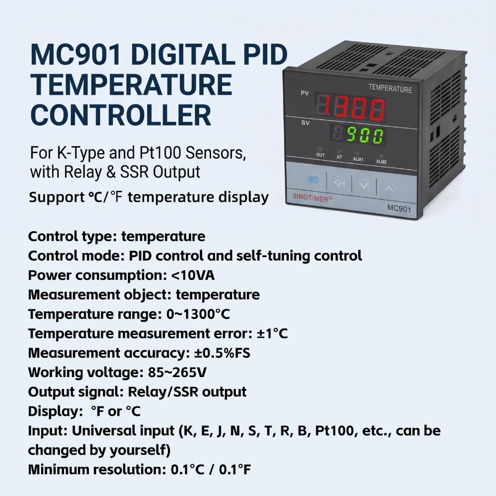 Digitaler Temperaturregler, MC901 PID-Temperaturregler K Typ PT100 Sensoreingangsrelais SSR-Ausgang für Selbstgebräu, Aquarium-Heizung