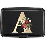 Credit Card Holder Personalized Initial Letter A Small Aluminum Wallet Rose Flower Card Case RFID Blocking Wallets for Women and Girls,A